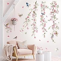 Vista 2 de decalmile Calcomanías de pared colgantes con diseño de vid, hojas florales rosas, pájaros, calcomanías de pared para dormitorio, sala de estar