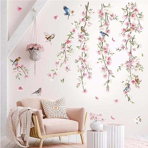 Miniatura 2 de decalmile Calcomanías de pared colgantes con diseño de vid, hojas florales rosas, pájaros, calcomanías de pared para dormitorio, sala de estar,
