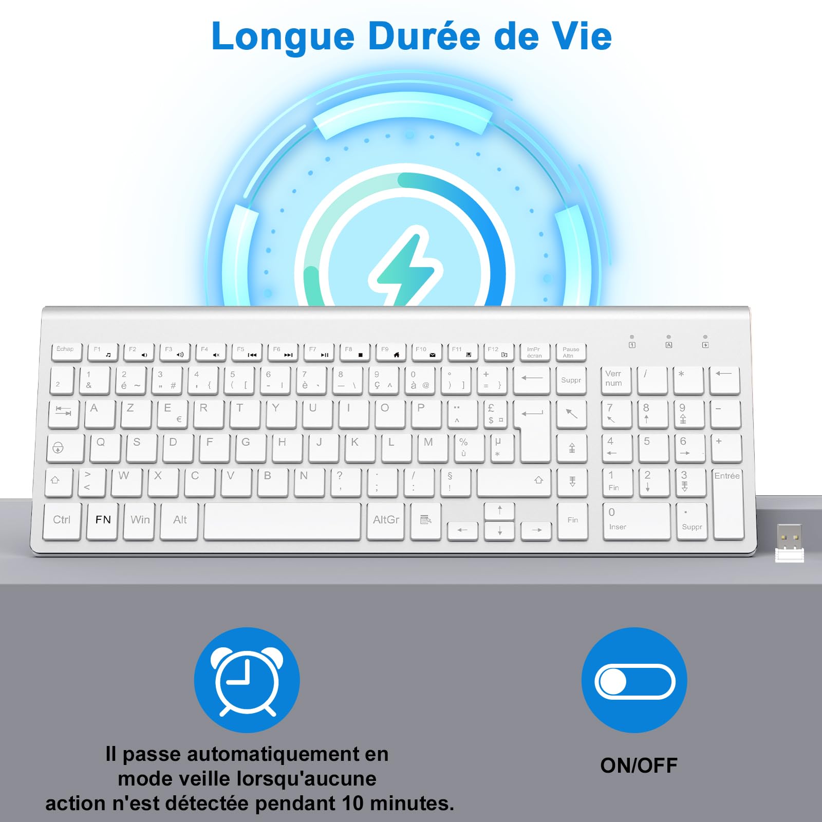 cimetech Clavier sans Fil, Clavier AZERTY Français avec Récepteur Nano USB 2.4GHz Ergonomique Compatible avec Windows/MacOS, Windows PC Laptop - Argent
