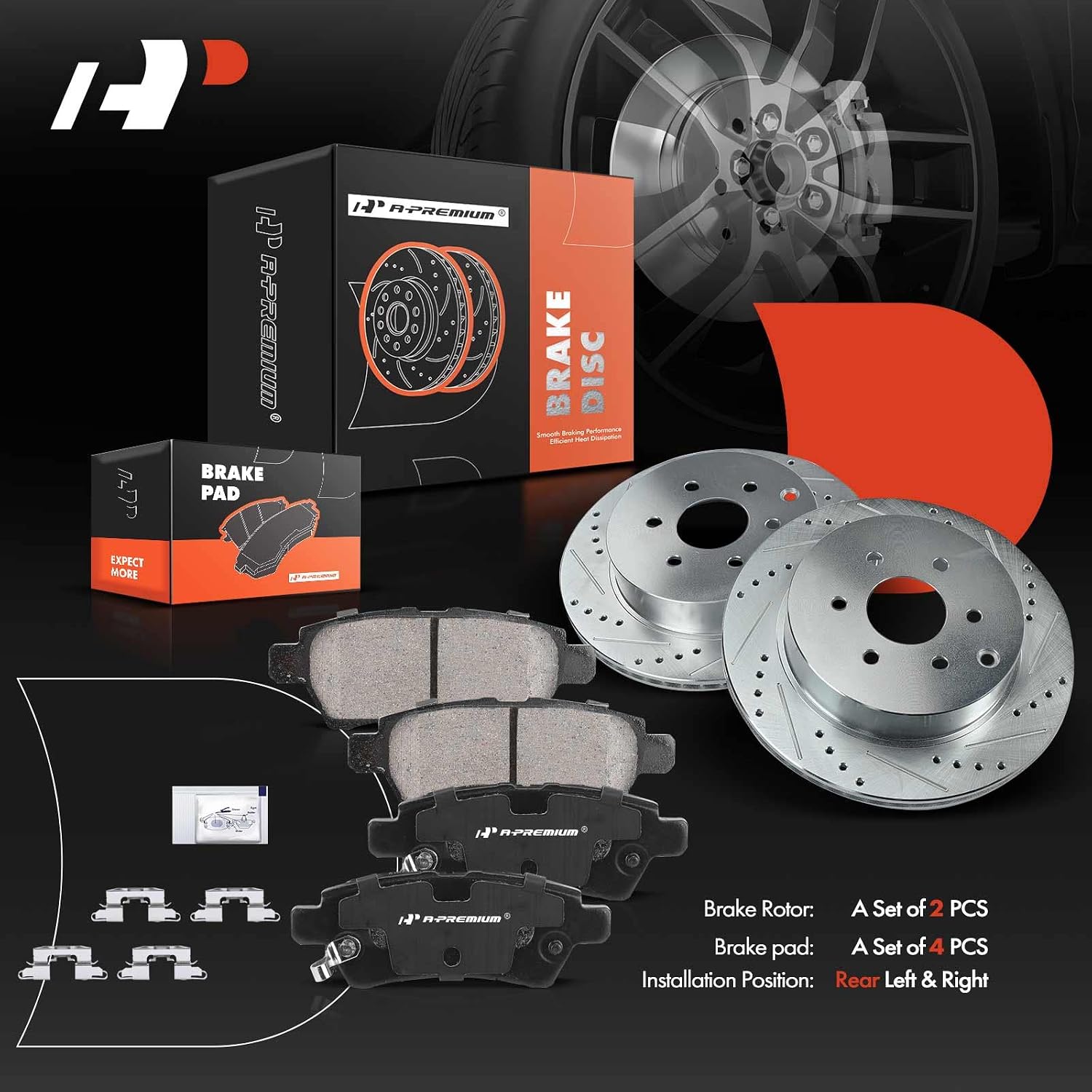 A-Premium 12.1 inch (307mm) Rear Drilled and Slotted Disc Brake Rotors + Ceramic Pads Kit Compatible with Select Nissan Models - Pathfinder 2005 2006 2007 2008 2009 2010 2011 2012, 6-PC Set