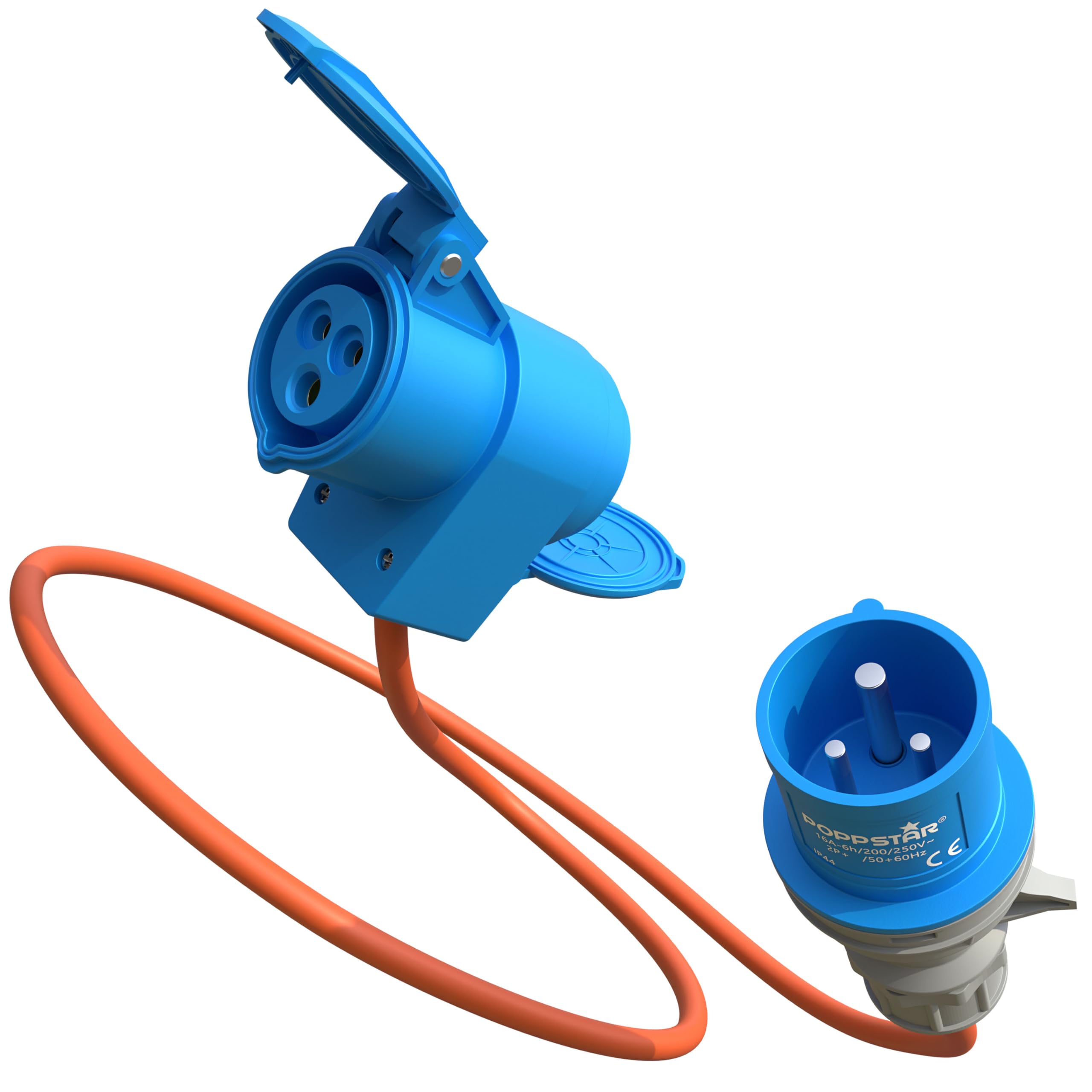 Poppstar Cable alargador CEE para camping 1,5 m con Schuko (enchufe CEE 3 polos a toma CEE + toma de contacto de protección tipo F), 230V/16A, IP44, H07RN-F 3G2.5