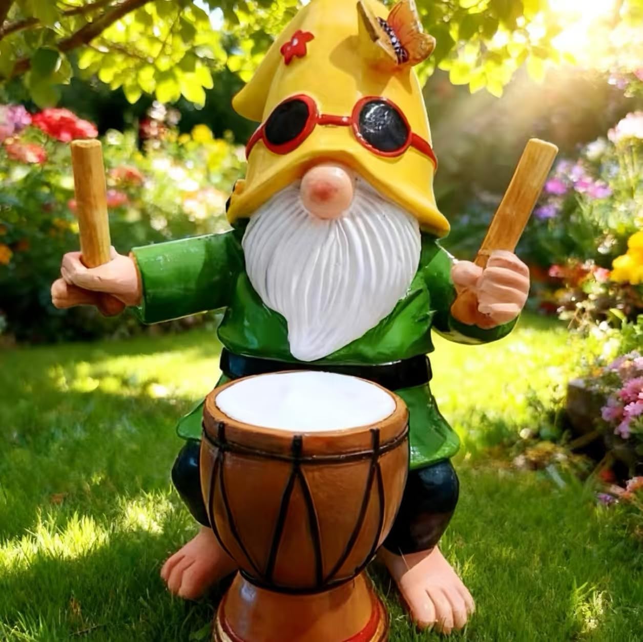 Garden Gnome Outdoor Decorative Statue, Yellow Hat with Sunglasses, Green Outfit, Drummer Design for Patio and Lawn Decor - Image 7