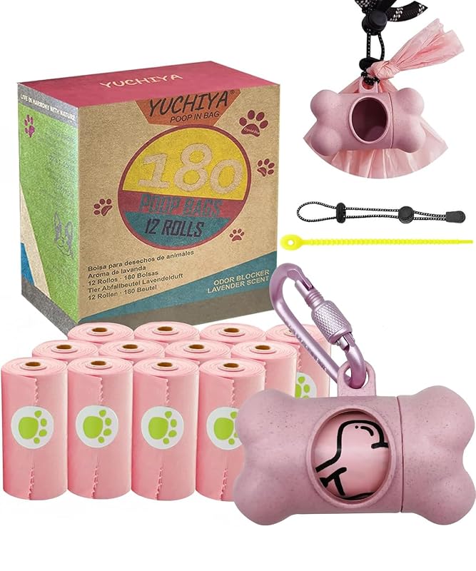 Dispensador de Sacos para Fezes de Cães em Formato de Osso YUCHIYA com Sacos Perfumados de Lavanda e Mosquetão, Rosa, 195 unidades
