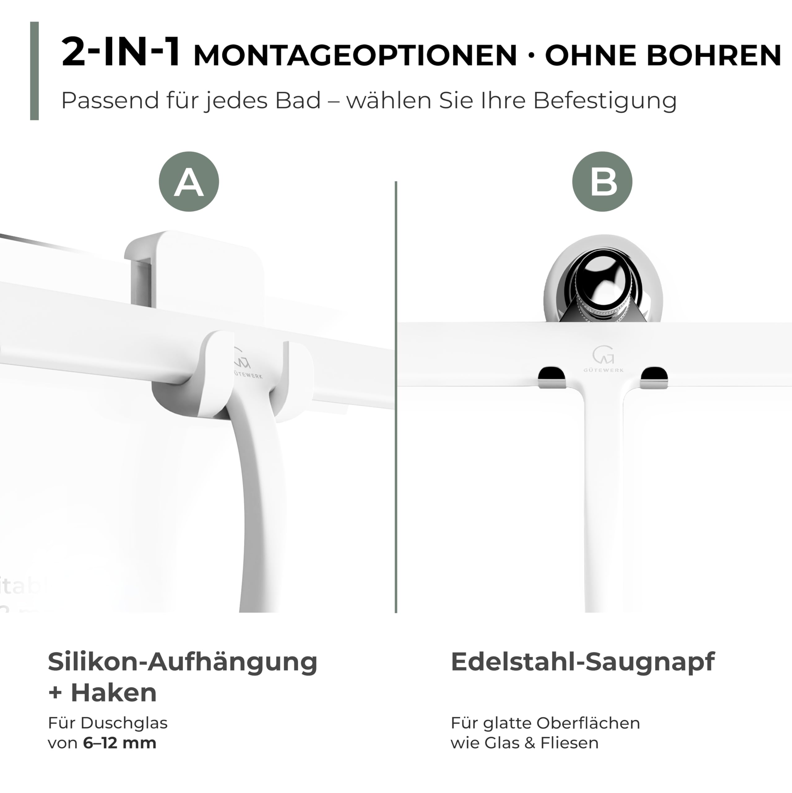 GÜTEWERK Duschabzieher Silikon 28 cm, 2-in-1-Halterung, Weiß