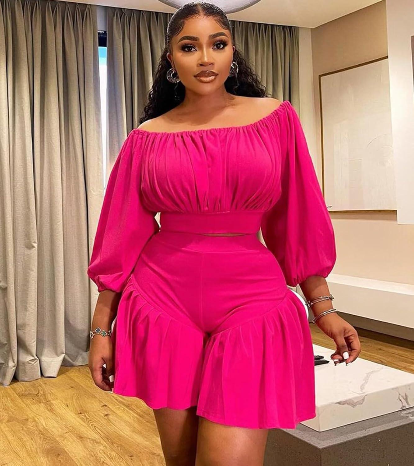 Ophestin Plus Size 2 Piece Outfits for Women Off Shoulder Lantern Sleeve Top Ruffle Trim Shorts Vacation Matching Sets - Image 2