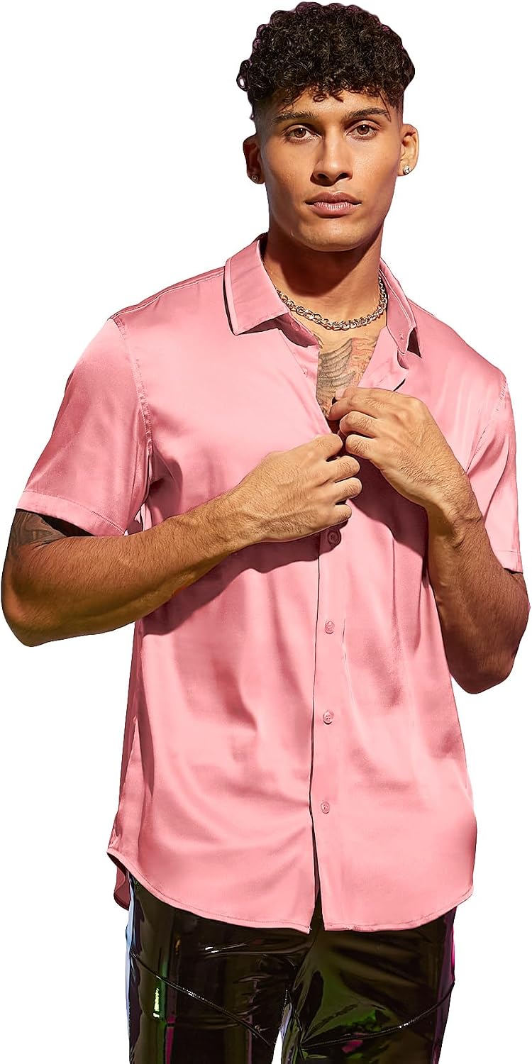 WDIRARA Men's Stand Collar Button Down Shirt Short Sleeve Button Front Top Satin Blouse