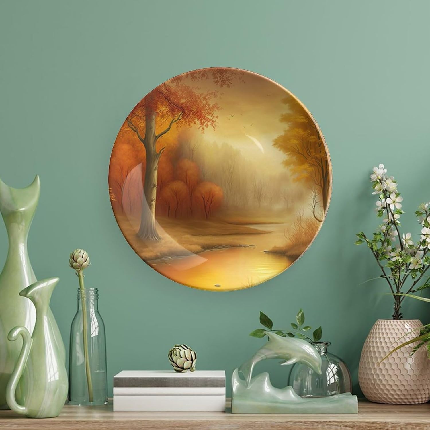 Autumn Decorative Plates, Fall Season Forest Maple Tree & River Painting Display Plate for Home Wall Office Kitchen Table Decor Porcelain Plates 6 Inch, Thanksgiving Gifts