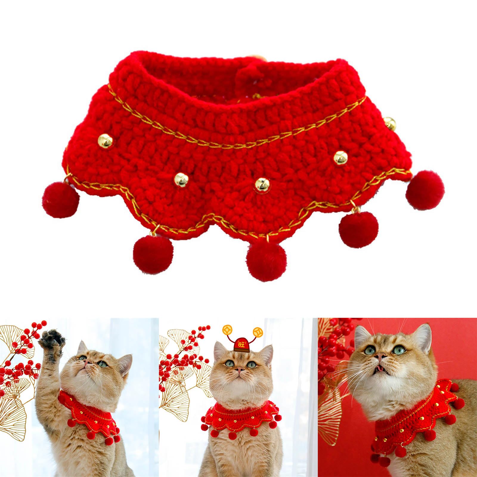 Pet New Year Saliva Towel with Small Pompoms Pendant Knit Collar Adjustable Neckwear Kitten Puppy Festival Collars