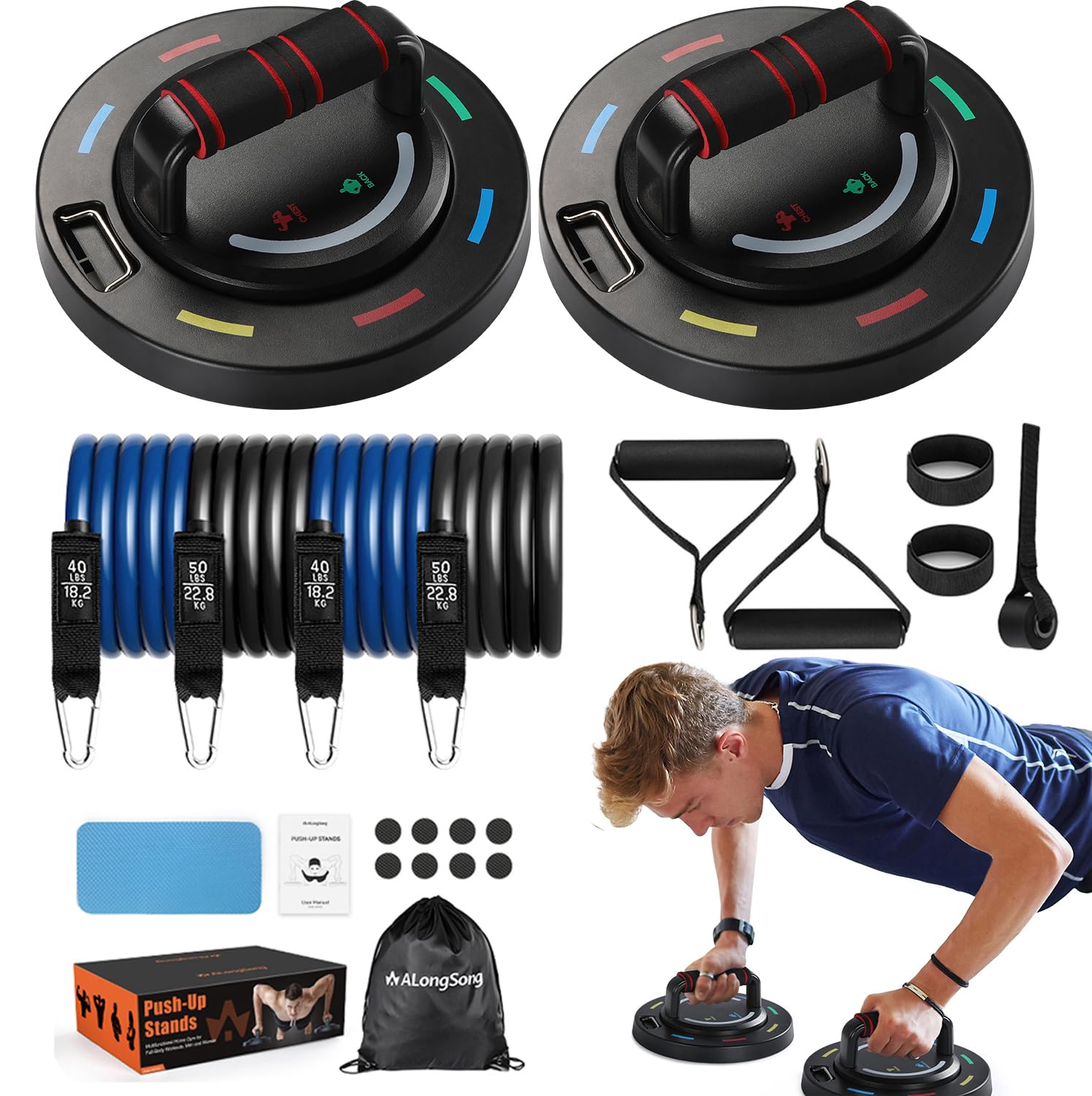 ALongSongPush Up Board & Ab Wheel 2 in 1 Fitness Set - Complete Home Gym Kit with Resistance Bands, Door Anchor, and Non Slip Pads Full Body Workout for Chest Shoulders Back, Up to 250kg