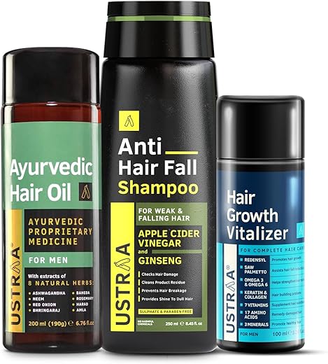 Ustraa Hair Growth Vitalizer – 100ml, Anti Hair Fall Shampoo – 250ml & Ayurvedic Hair Oil – 200ml