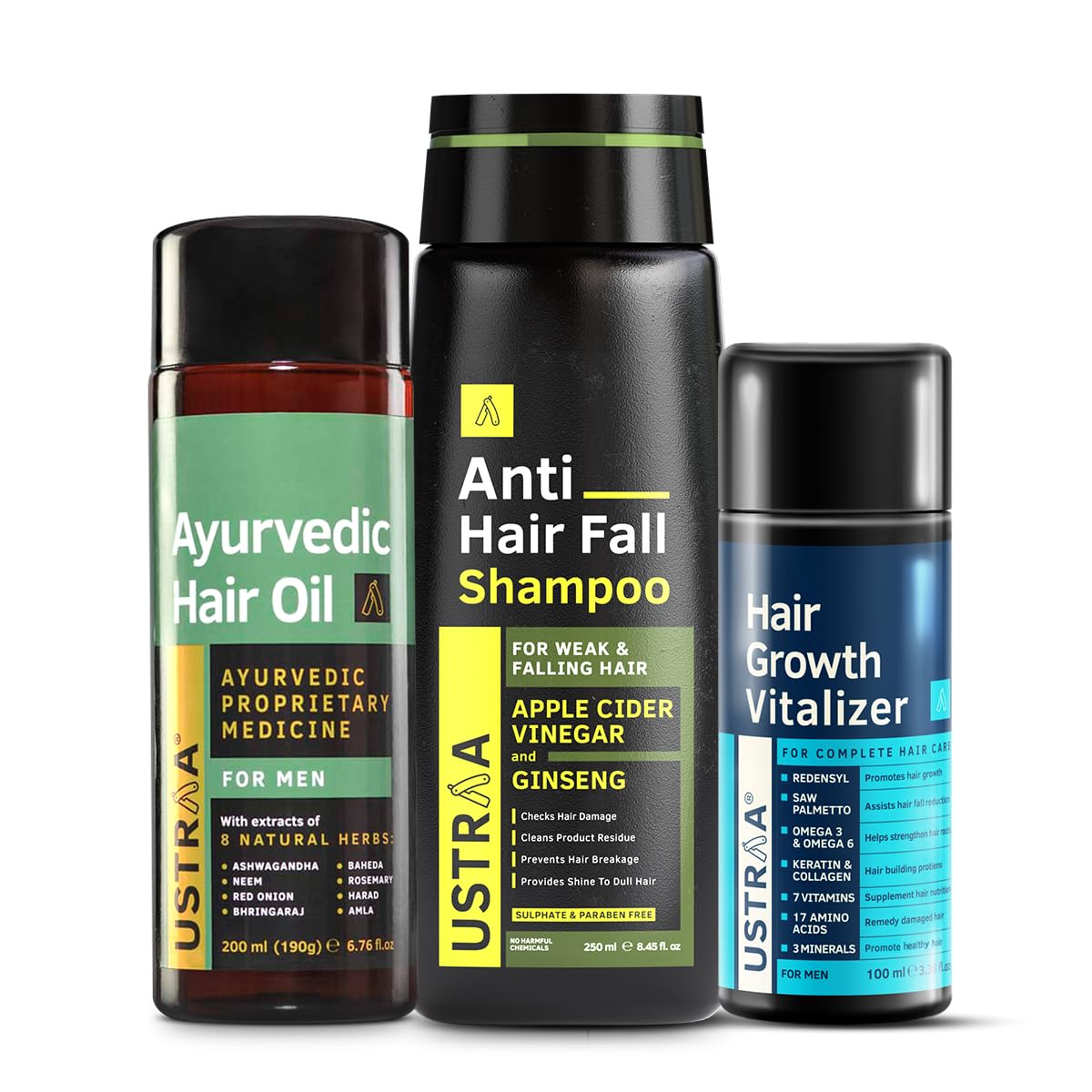 USTRAA Hair Growth Vitalizer - 100ml - Boost hair growth, Anti Hair Fall Shampoo 250ml - Clinically tested to reduce hairfall by 64% & Ayurvedic Hair Oil 200ml - with 8 Natural Herb extracts