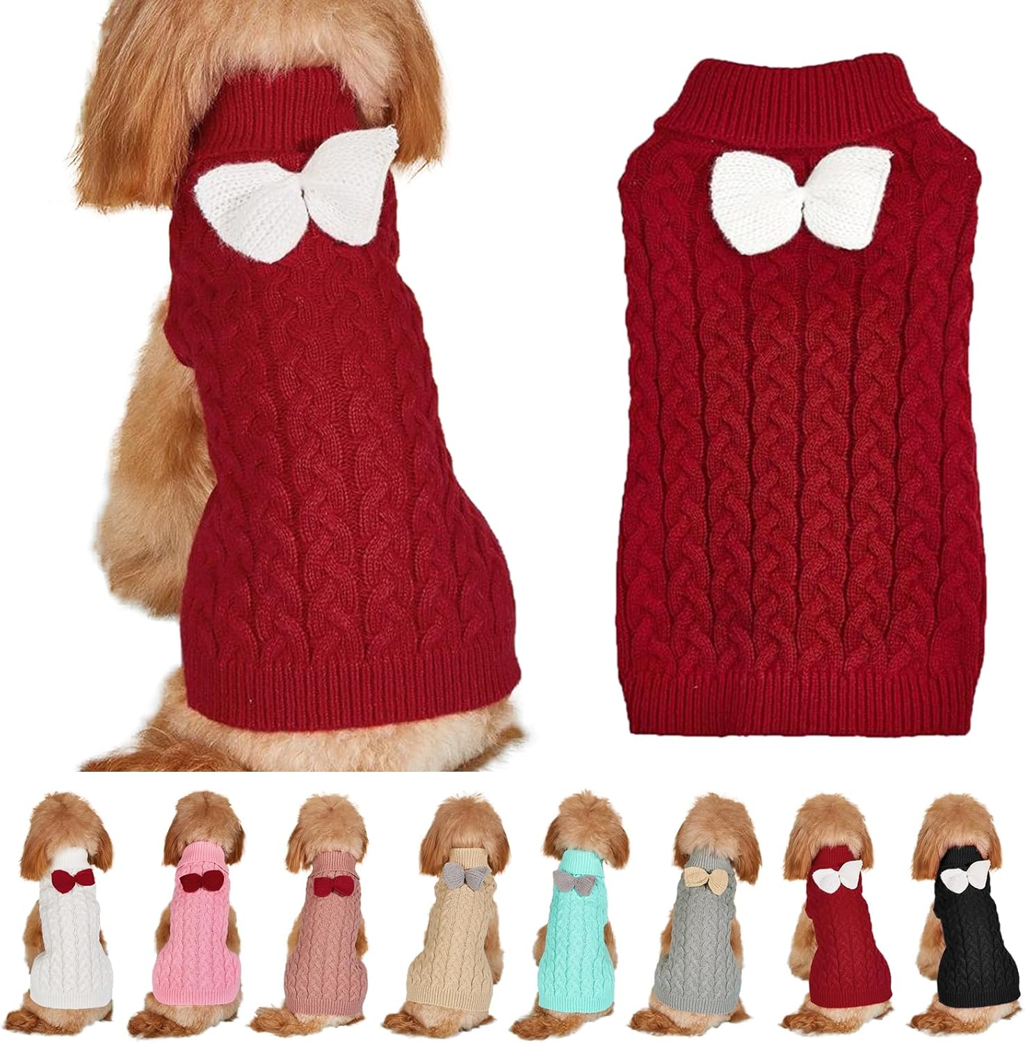 Dog Turtleneck Sweater Bow Knitting Dog Jumper Warm Dog Winter Clothes