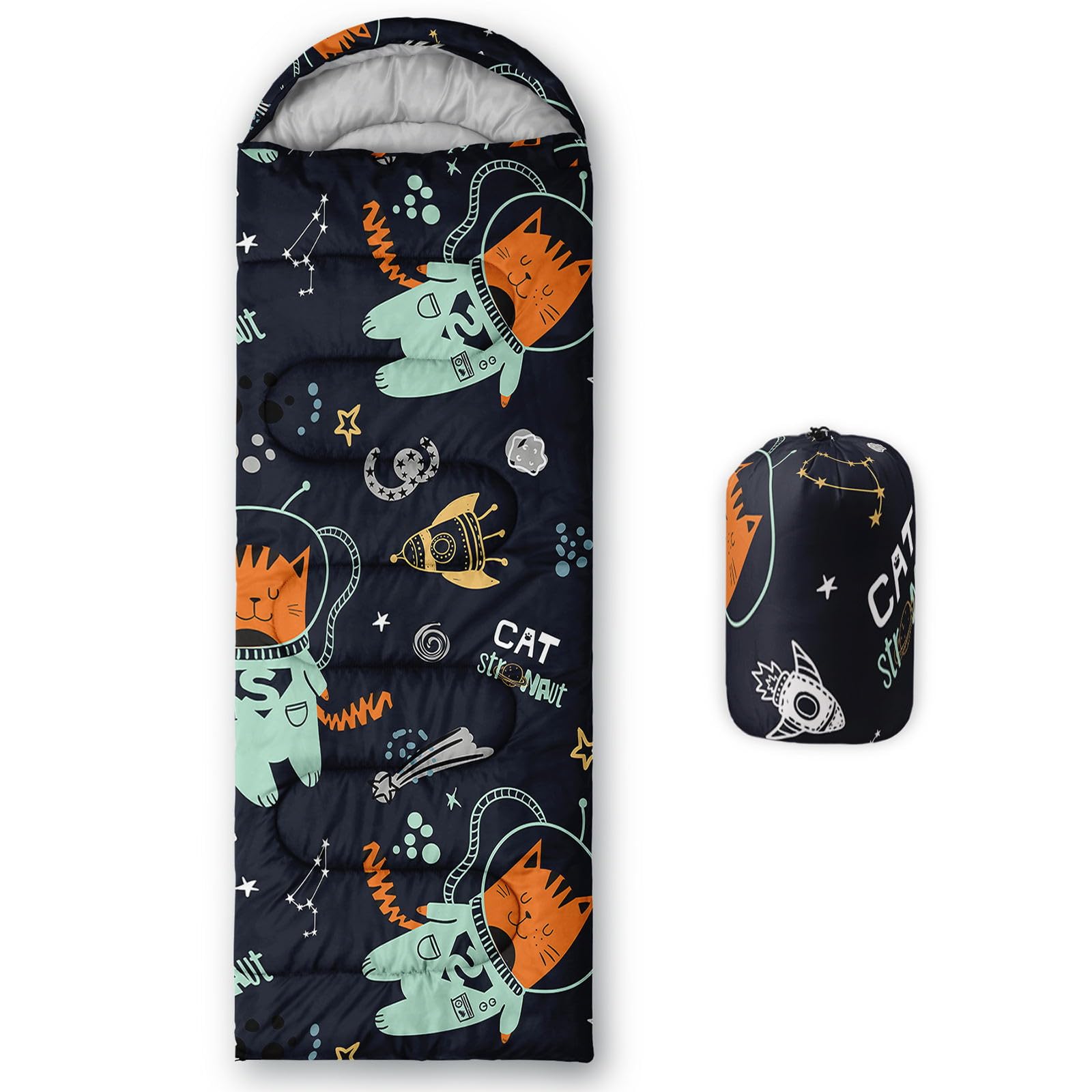 HOSIMA Kids Sleeping Bag for Boys Girls,Cat Astronaut Rocket Print-Lightweight Warm Portable Outdoor Indoor-Waterproof Cold Weather Resistant Sleeping Bag for Camping Hiking(Cat Astronaut)