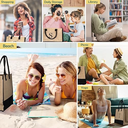 Miniatura 7 de Jute Initial Tote Bag Burlap Beach Bag Personalized Birthday Gifts for Women Teacher Mom Bridal Bridesmaid Gifts