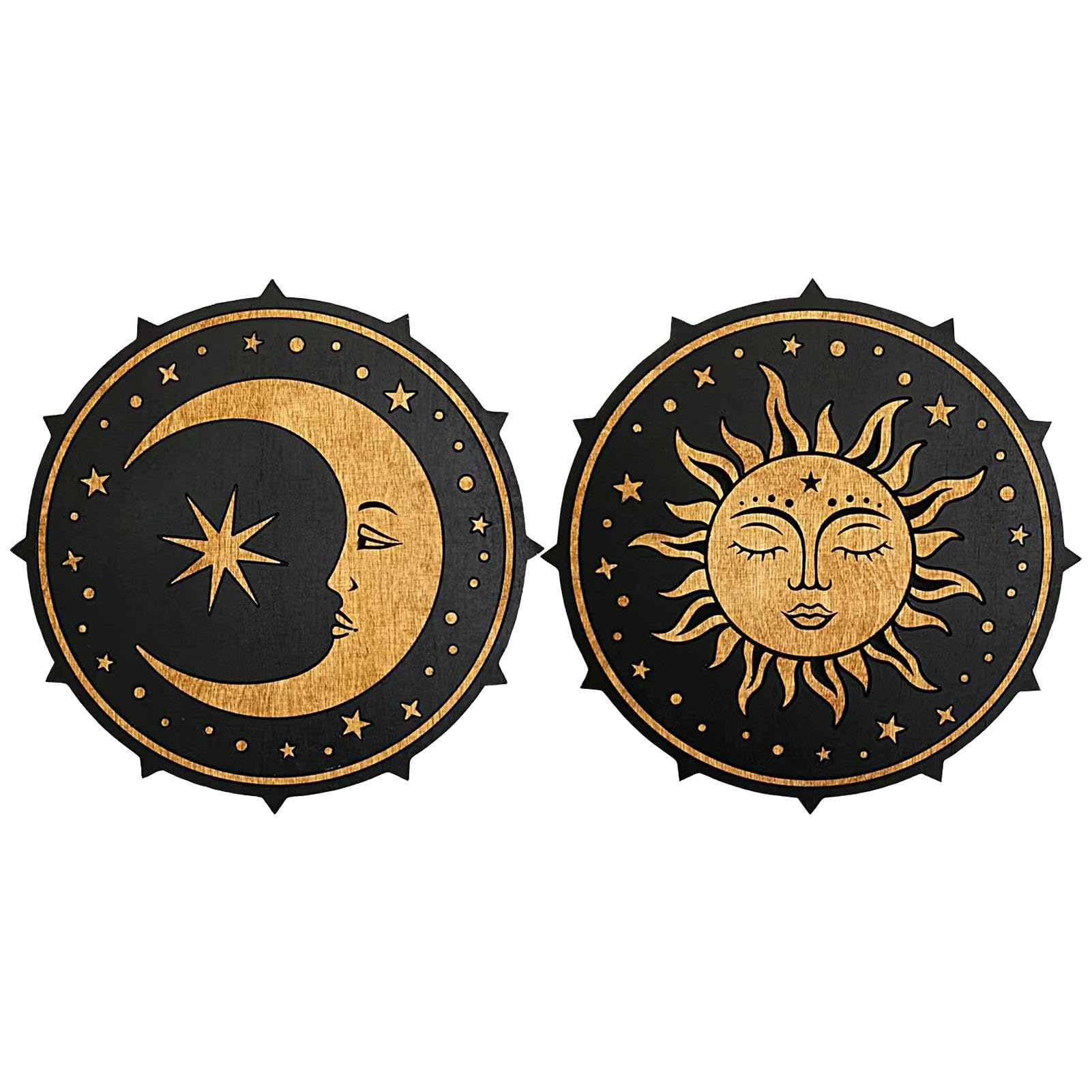 Penlimly Decoración de Sol y Luna de 12 Pulgadas - Juego de 2 Piezas de Arte de Pared de Madera, Escultura y Adorno Colgante para Sala de Estar