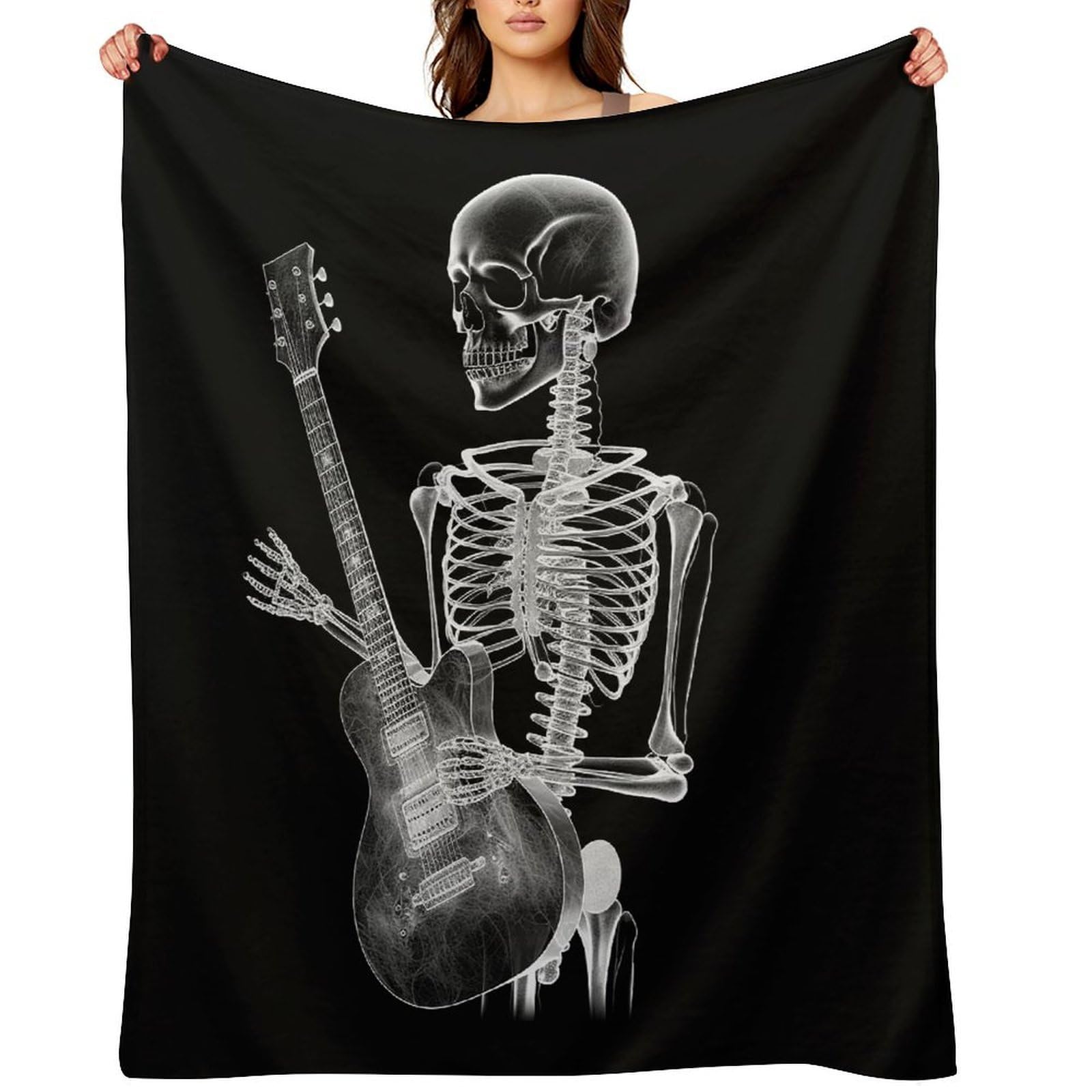Abstract X-ray Skull Skeleton Playing Guitar Blankets Exquisite Luxury Flannel Throw Blanket Anti-Fading Thick Blanket for Sofa&Bed Blankets Ultra-Soft Bath Towels for Adult 40"x50"