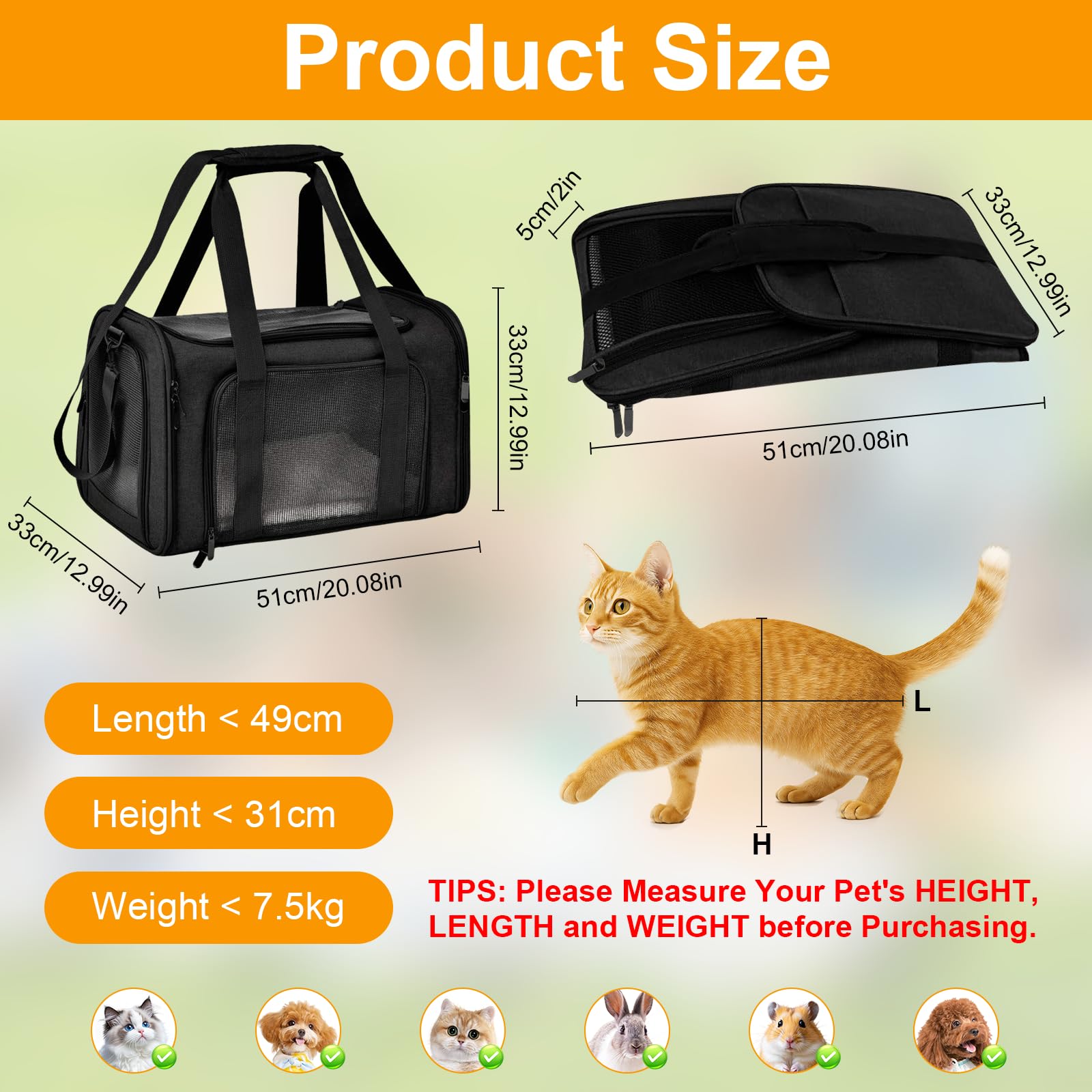Transportín Perro Gato 51x33x33cm Transportín Gato Transpirable Plegable Bolsa de Transporte para Gatos Correa de Hombro Ajustable y Colchón Suave para Gatos y Cachorros hasta 7,5kg
