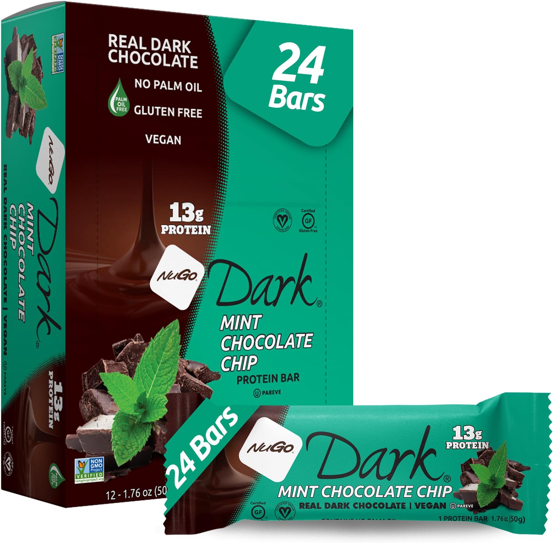 Dark Mint Chocolate Chip, 13g Protein Bar, Vegan, Gluten Free, Non-GMO, Kosher Pareve, 24 Count