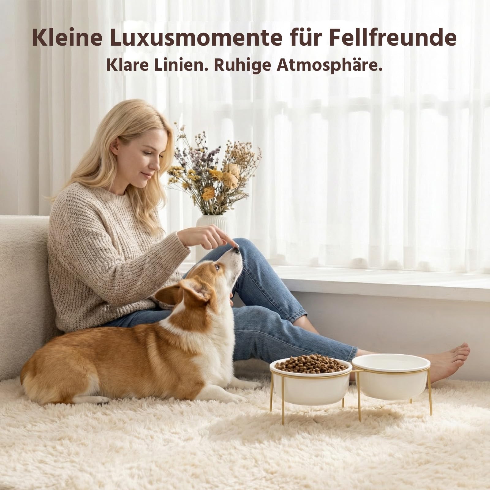 Erhöhtes Hundenapf-Set aus Keramik mit Metallständer - Doppelte Fressnäpfe für Kleine bis Mittelgroße Hunde - Ideal für Futter und Wasser - Je 600 ml / 320 g - Weiß