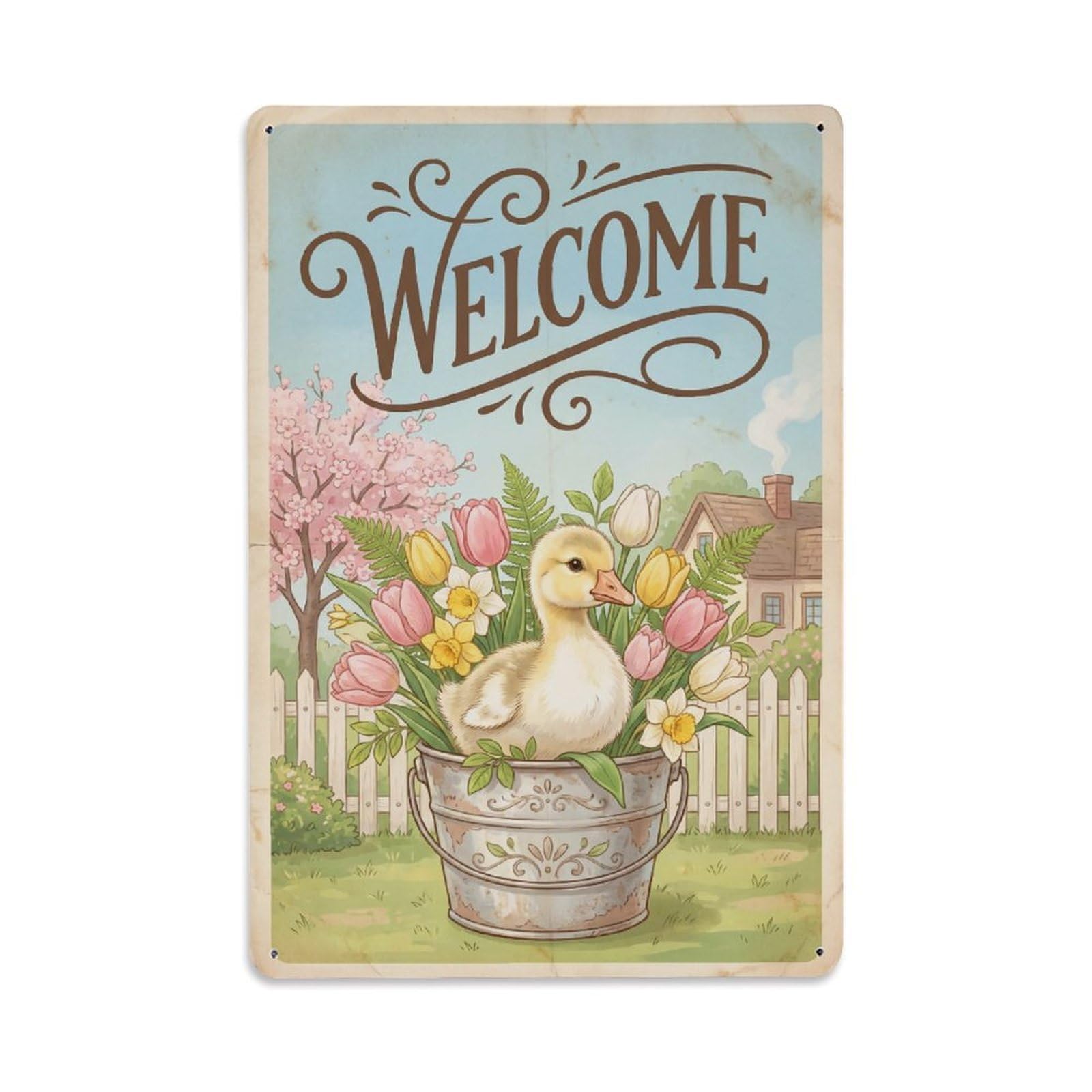 Cxhjca 8X12inch(20X30cm) Vintage Welcome Gosling Petal Paradise Metal Tin Sign