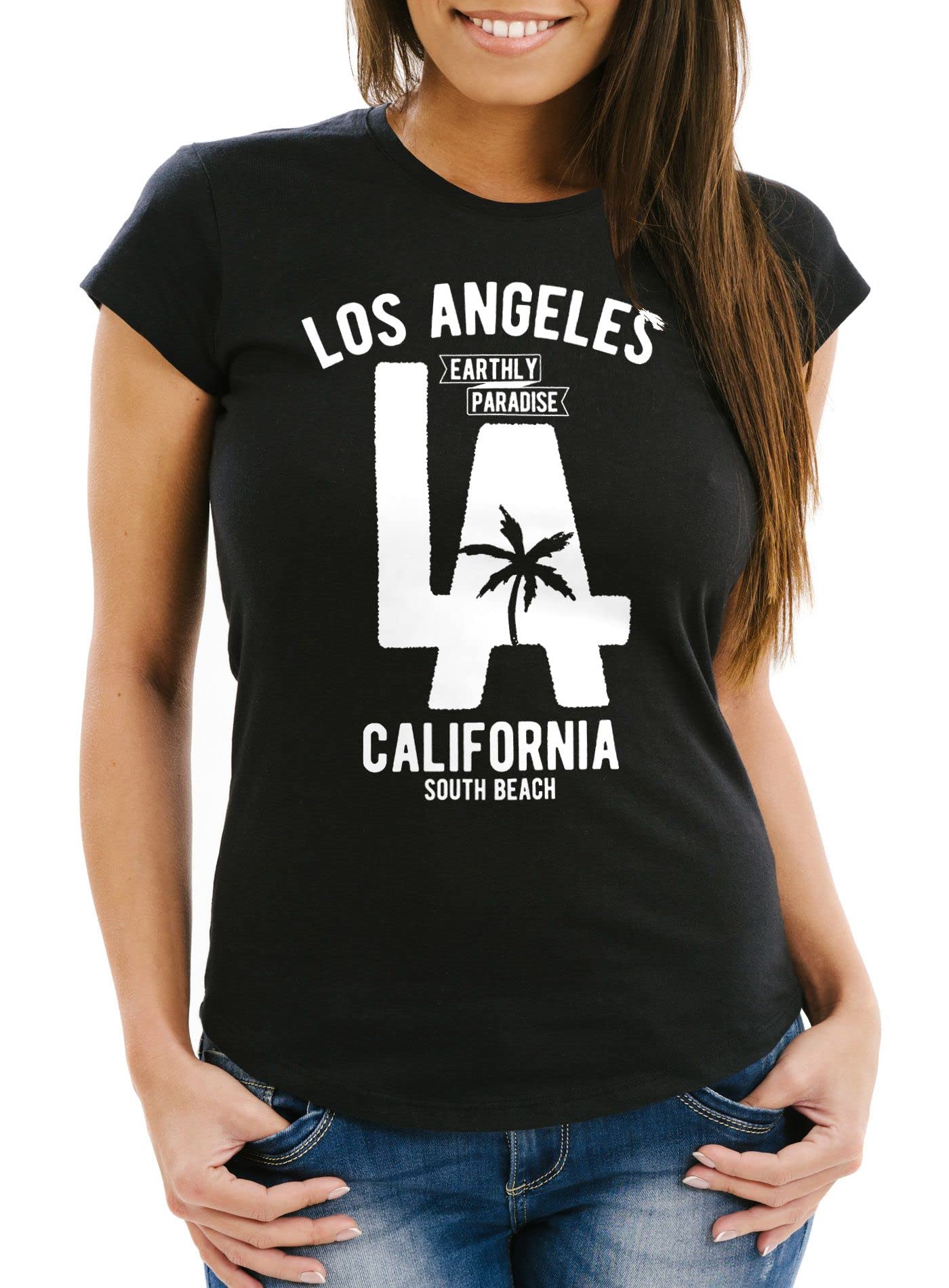 Neverless Damen T-Shirt Los Angeles California LA Palme Slim Fit Trendig Slim CutComfortable Casual Wearzbekisch