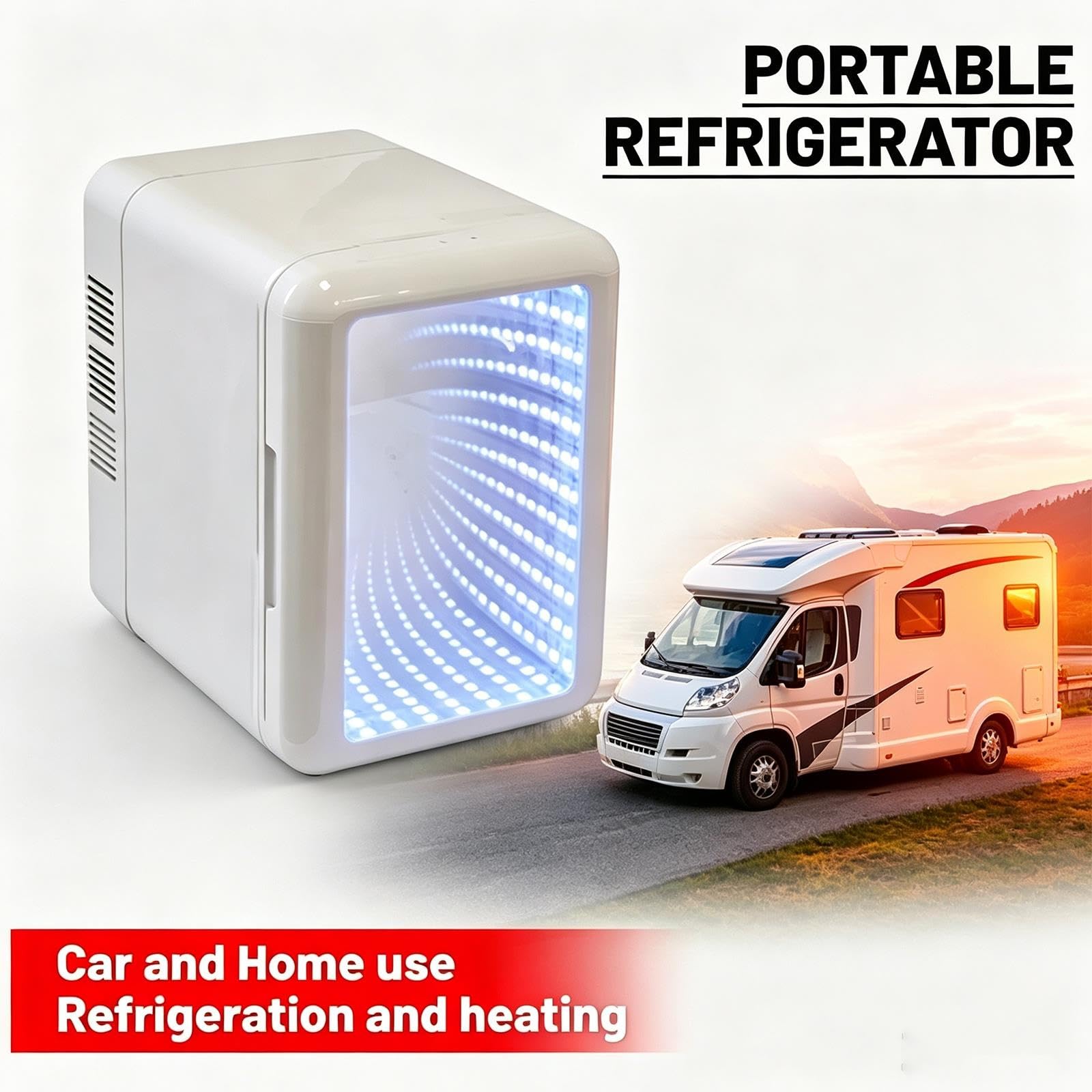 Mini Nevera De Maquillaje 4L con Puerta Espejo LED 7 Colores, Coche Hogar