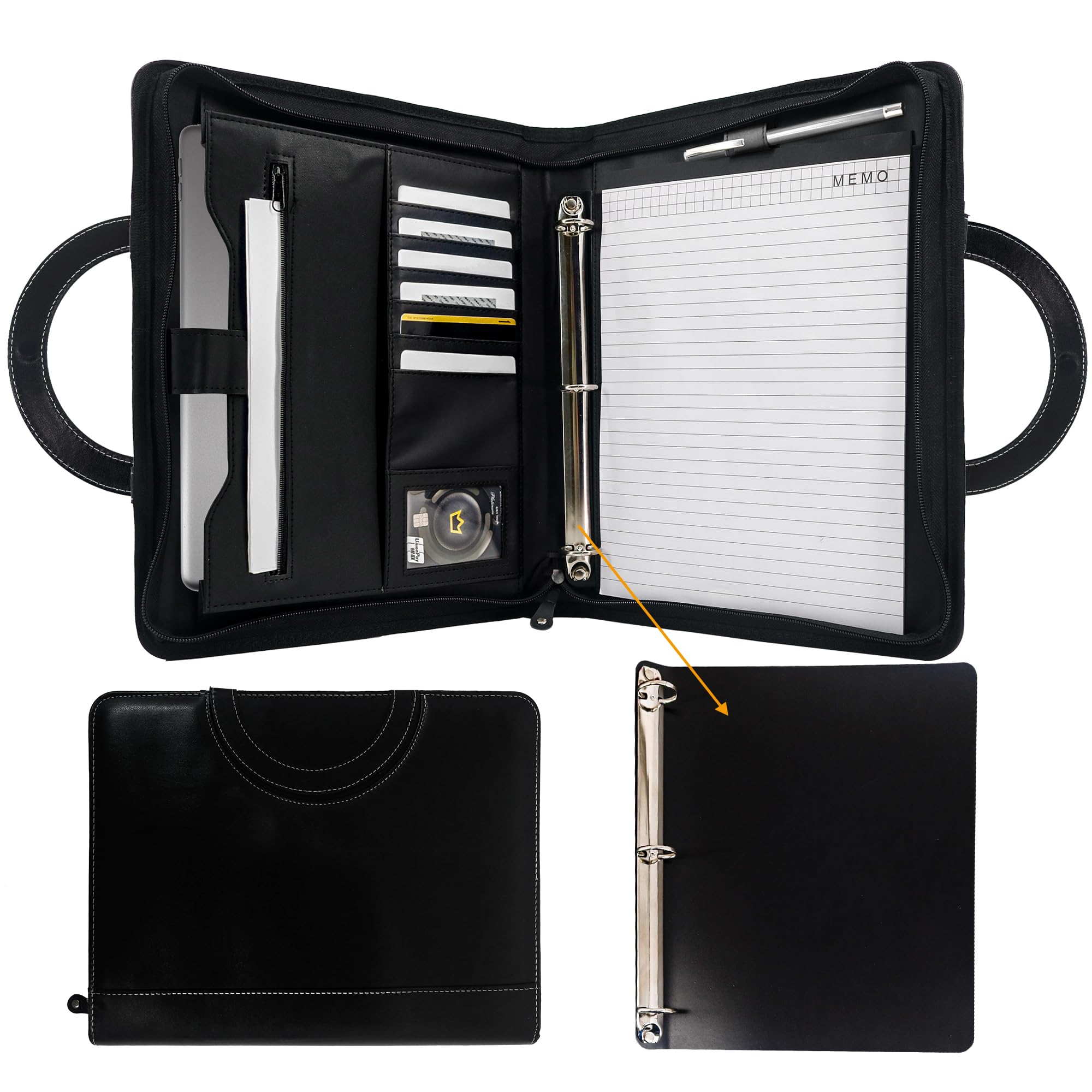 GraduatePro Zippered Portfolio Binder with Handles，Professional Faux Leather Padfolio with 3 Ring Binder (Removable), Storage Pouch for Tablet, Travel Documents for Men and Women.