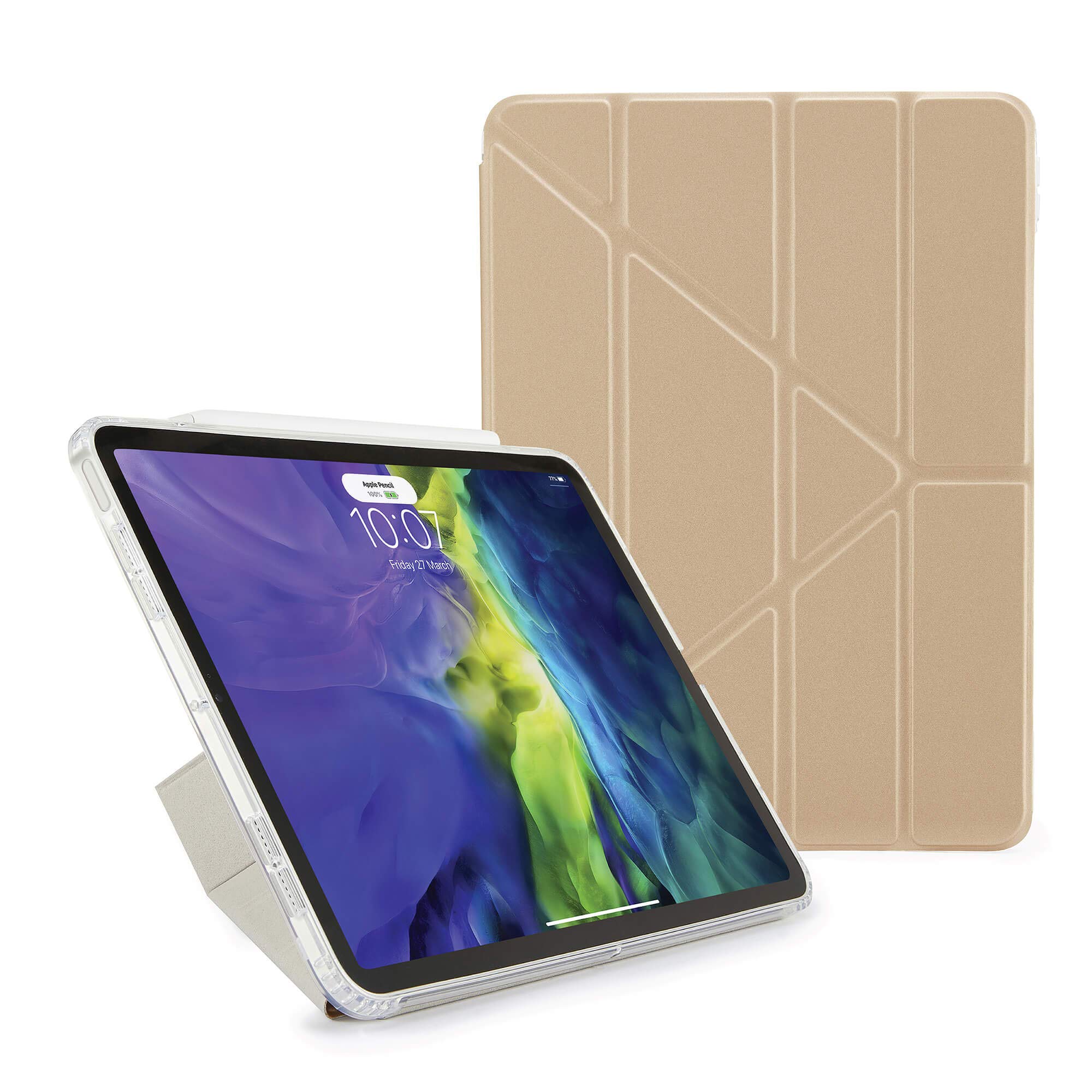 PIPETTO Origami iPad Case Pro 11 (2020) 2nd Generation | Shockproof TPU Bumper with 5-in-1 Stand | Apple Pencil 2 sync and Charge Compatible - Champagne Gold/Clear