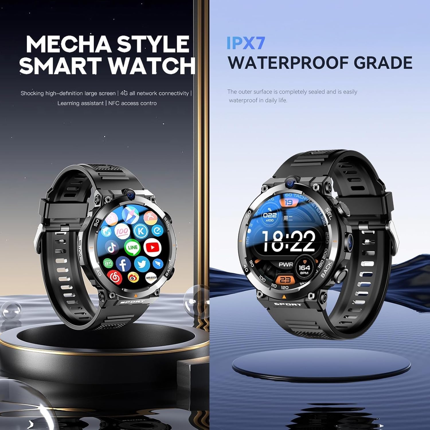 Męski smartwatch z funkcją połączeń, wodoodporność IP68, obsługa karty SIM 4G, okrągły ekran do fitnessu i codziennego użytku