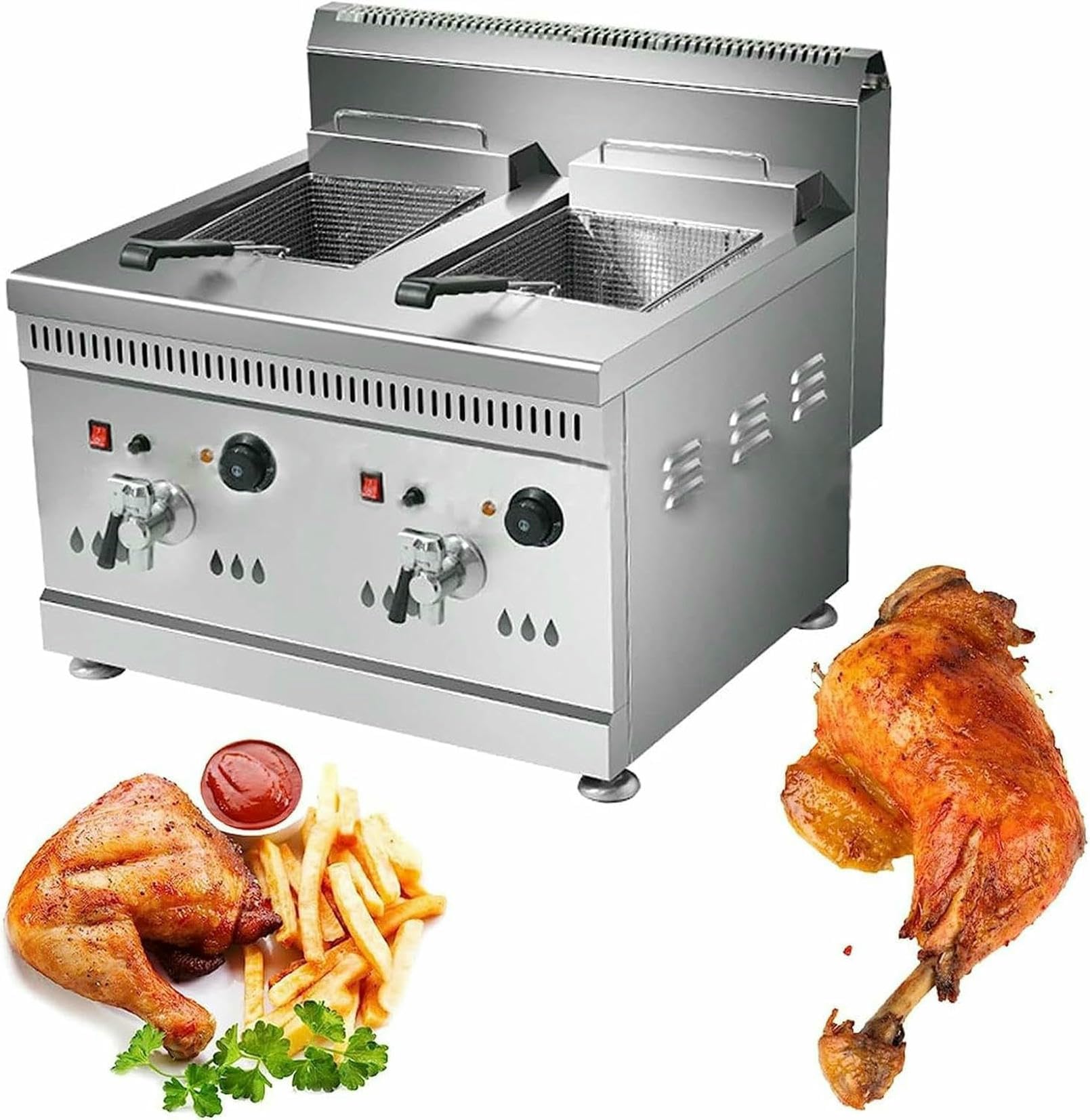 Freidora de Grasa Comercial con Cesta de Gas propano, freidora de Acero Inoxidable para encimera de Cocina, freidora de Restaurante con Cesta para el hogar