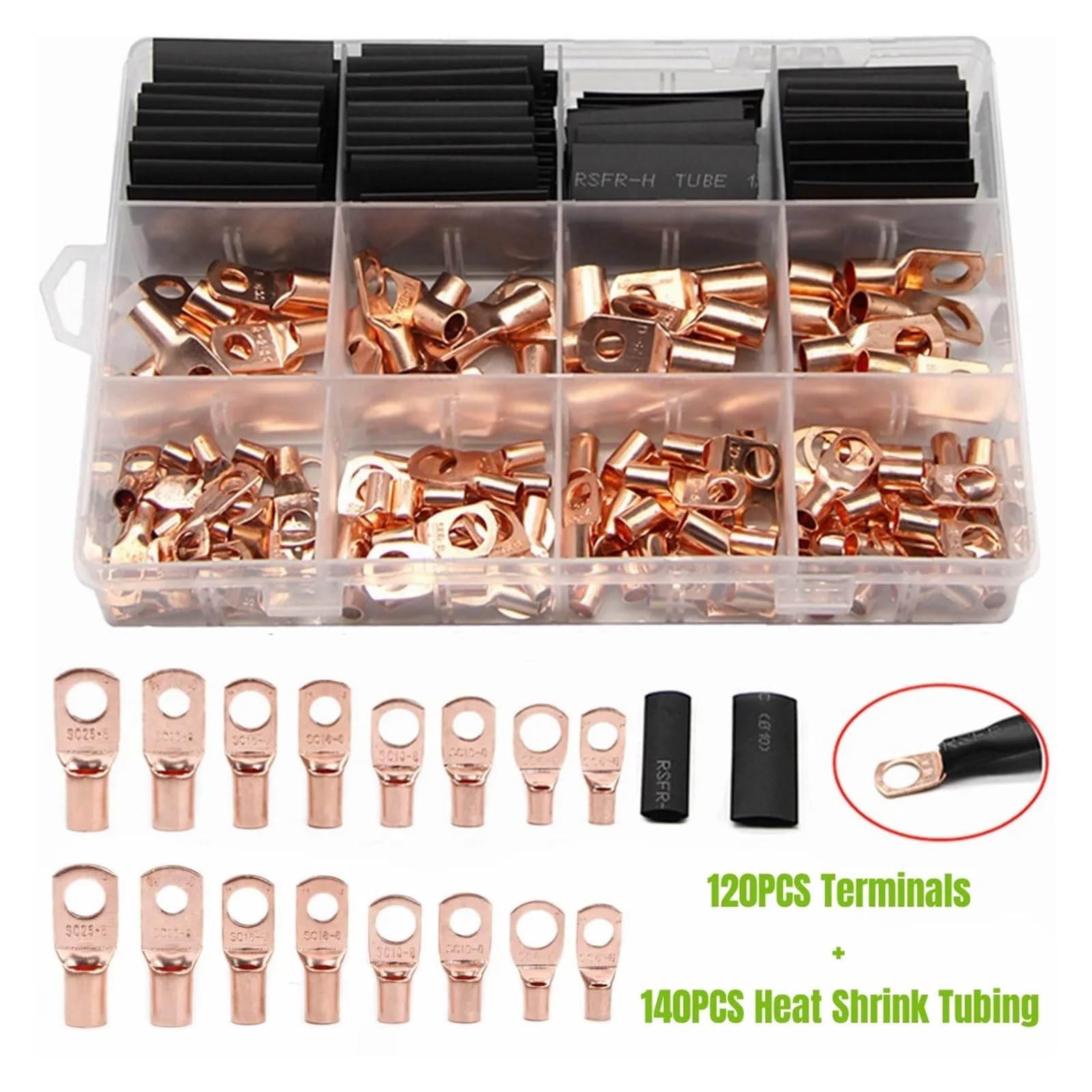 260 piezas SC anillo de cobre desnudo empalme Terminal de engarzado conector de cable Kit surtido de Tubos termorretráctiles