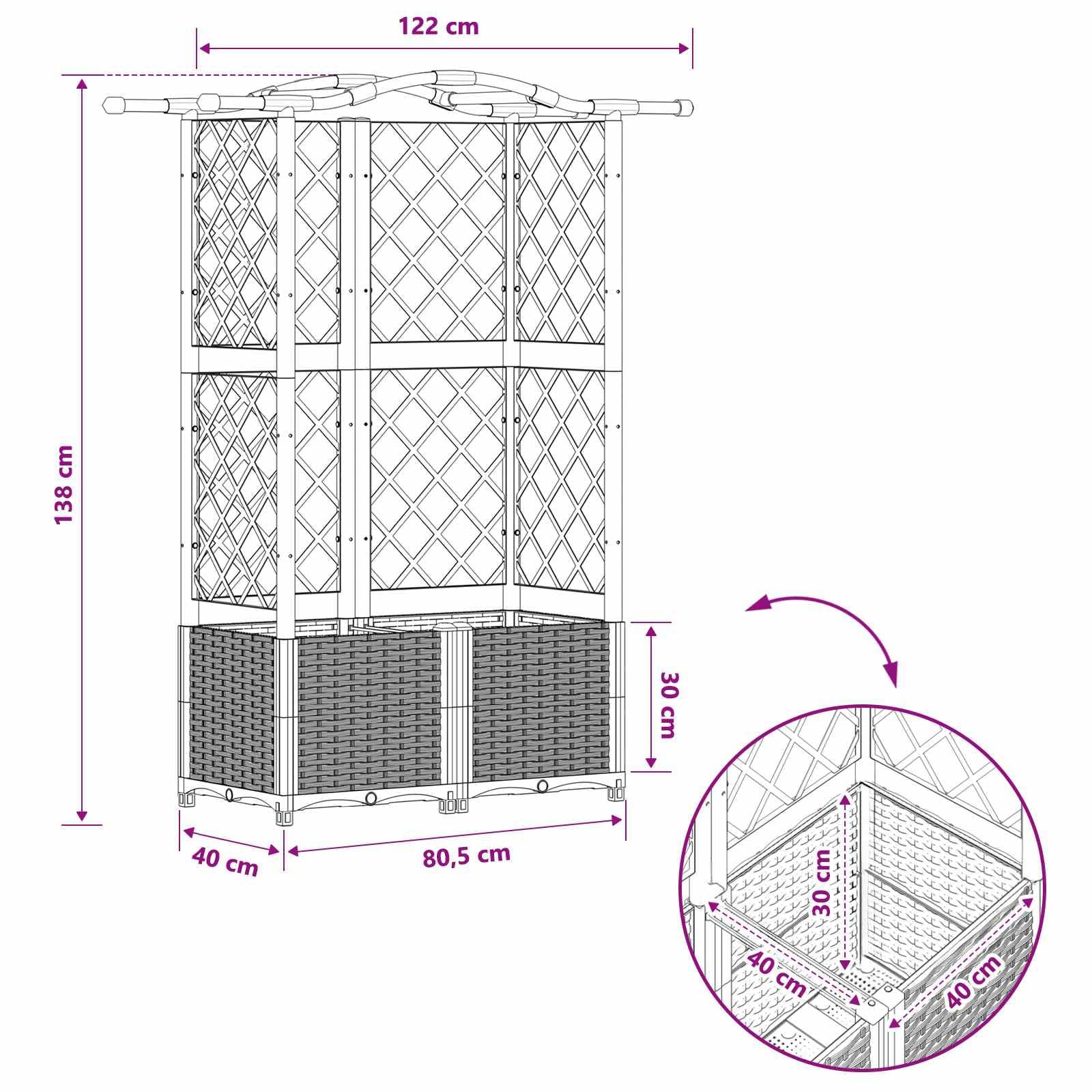 Hochbeet mit Rankgitter und Dach, Pflanzkasten mit Spalier für Kletterpflanzen, Stabiles Gartenregal für Terrasse und Balkon, Braun, 122 x 40 x 141 cm, Robustes PP