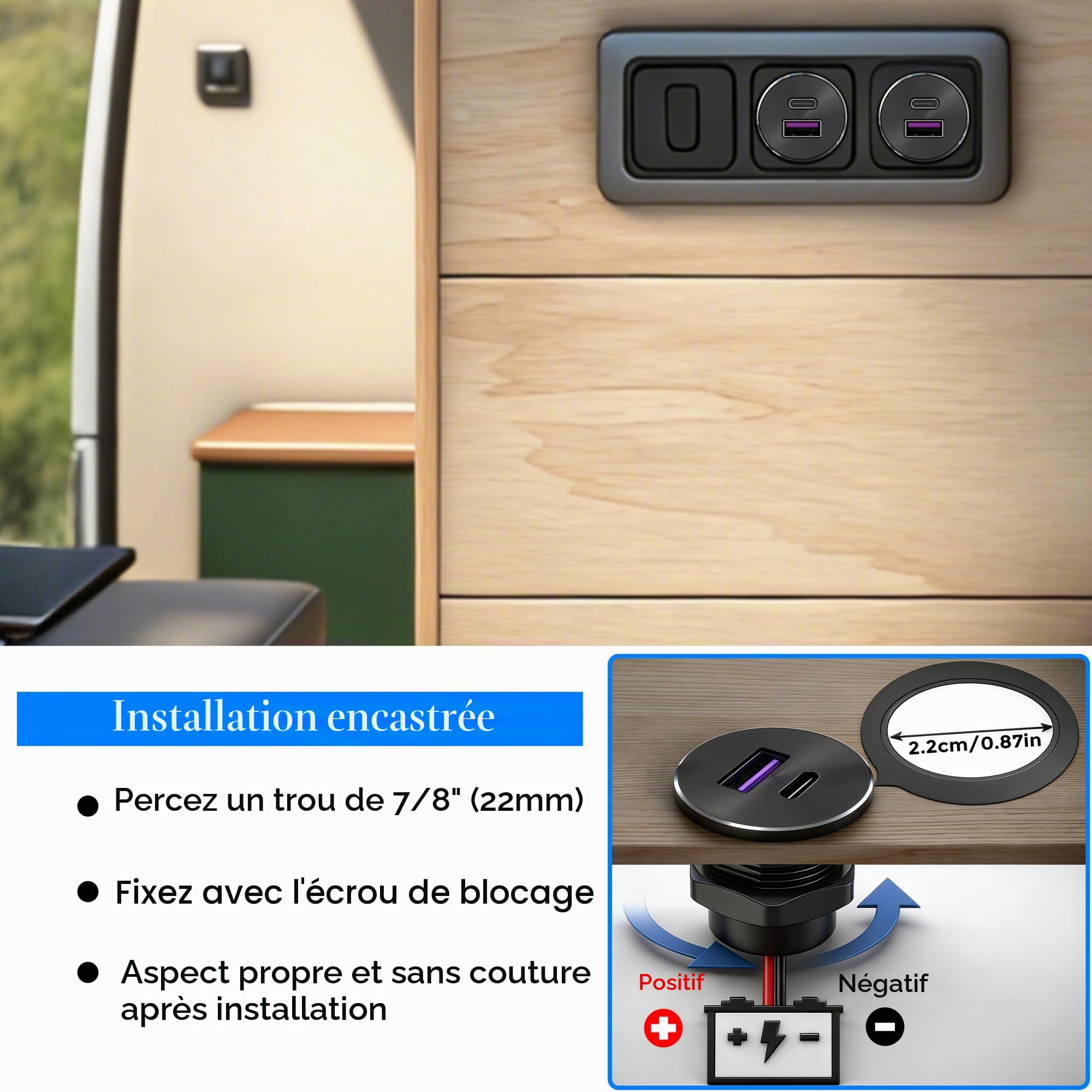 Qidoe Prise USB Chargeur 12V pour Camping-Car, Aluminium Prise USB de Voiture avec QC3.0 & PD3.0, Montage Encastré, sans LED, Charge Rapide pour Caravane, Camion, Bateau, Véhicule, Lot de 2