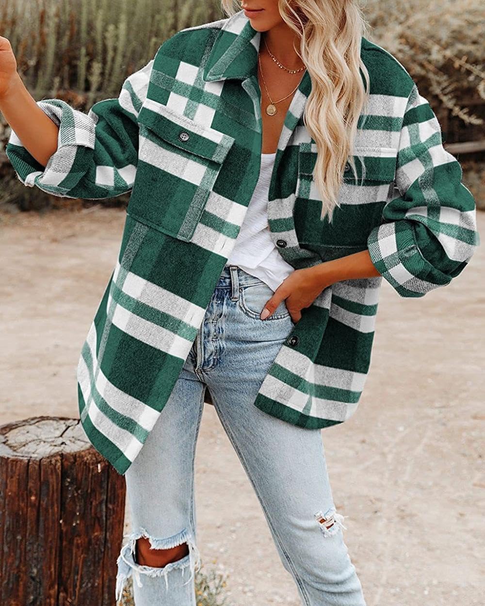 Langarmshirt Damen,Karierte Bluse Für Damen, Flanell-Tartan-Jacke, Langärmliges Hemd, Vintage-Grau, Dicker Reversmantel Aus Wollmischung, Hemdjacke Mit Knopfleiste, Lässige Baggy-Stil-Outwear-Win