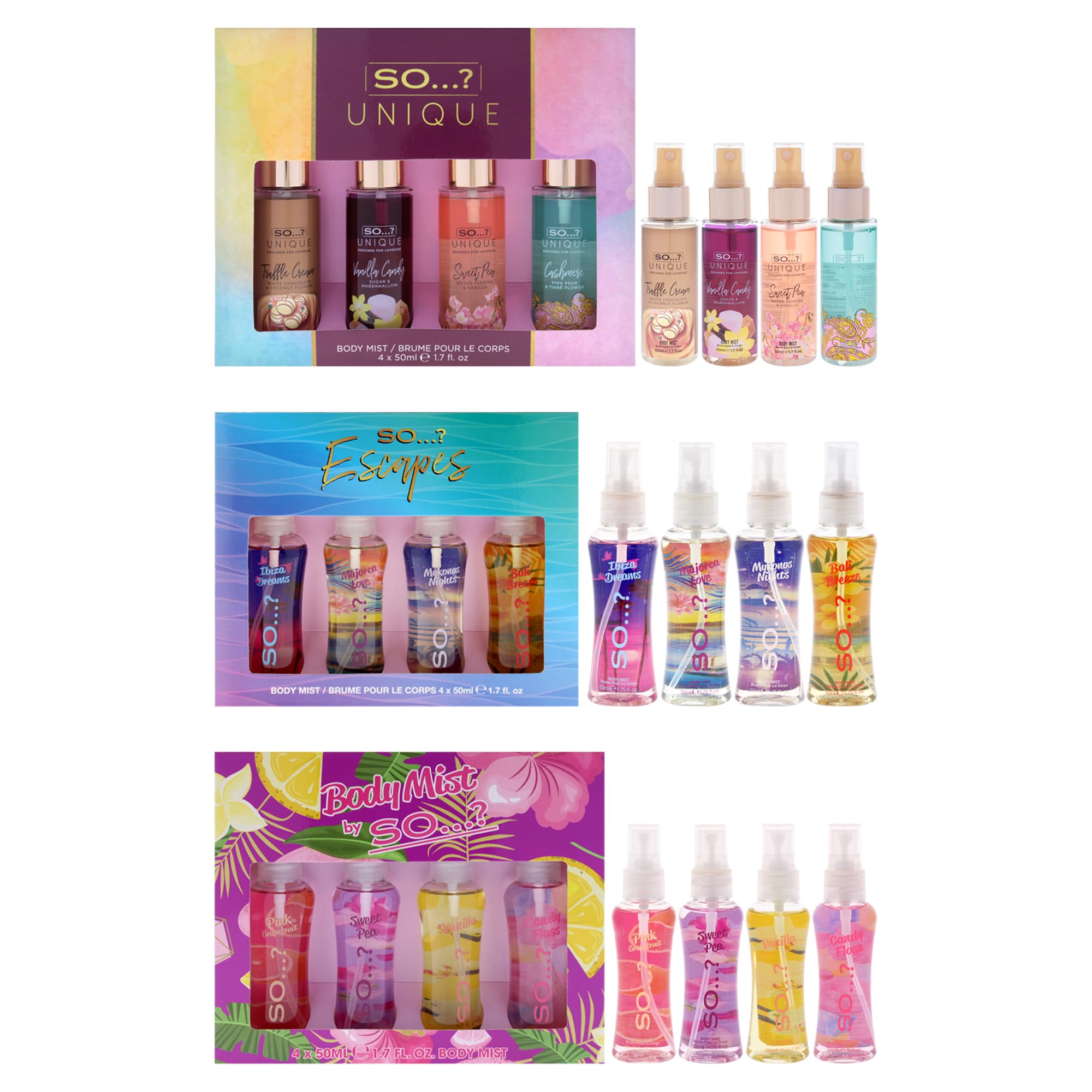 So…? Summer Escapes, Body Mist by So…? & Unique Womens Gift Sets Bundle, Body Mist Fragrance Spray (4x50ml) Pack of 3