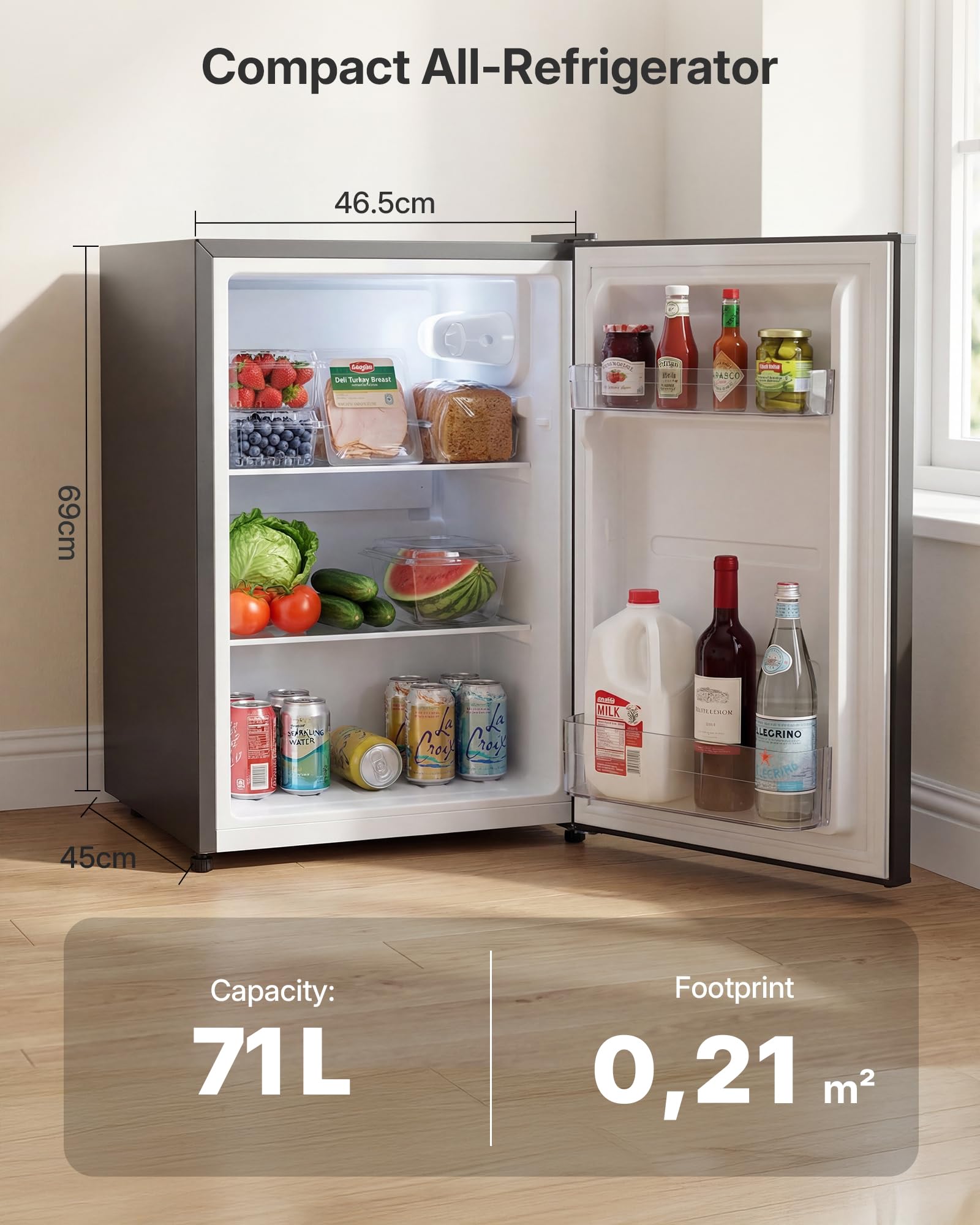 Upstreman 71L Fridge Without Freezer Compartment, 1-10°C 7-Step Temperature Control, LED Lighting, 40dB Quiet, Energy-Saving Full-Size Refrigerator for Bedroom, Office, Kitchen, CR71-Dark gray — view 2