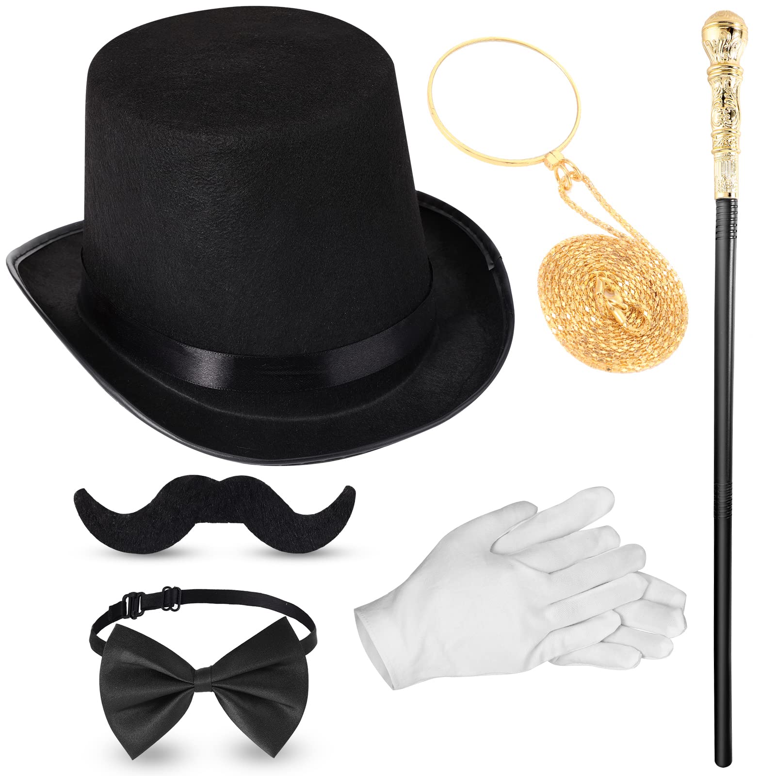 BBTO 6 Pcs Gentleman Costume Set Gentlemen Hat Round Head Scepter Magnifying Glass Necklace Bow Tie Gloves Beard for Halloween Cosplay Party, Black, Gold, White, One Size