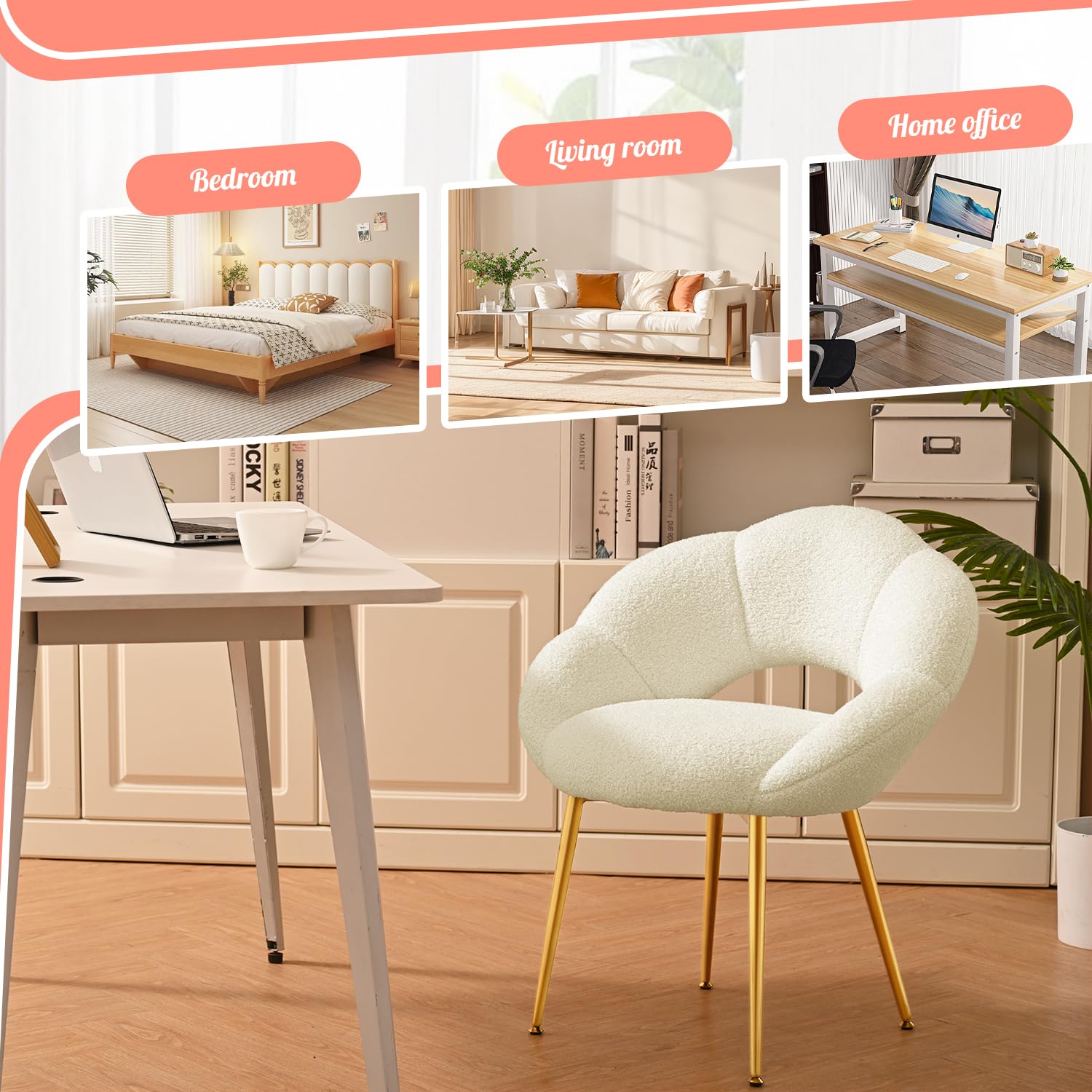 Schminktisch Stuhl, Teddy-Stoff Relaxsessel & Lesesessel, Schminkstuhl in Blumenform, Luxus Loungesessel für Arbeitszimmer, Schlafzimmer, Wohnzimmer, Balkon (Teddy-Stoff, Beige)