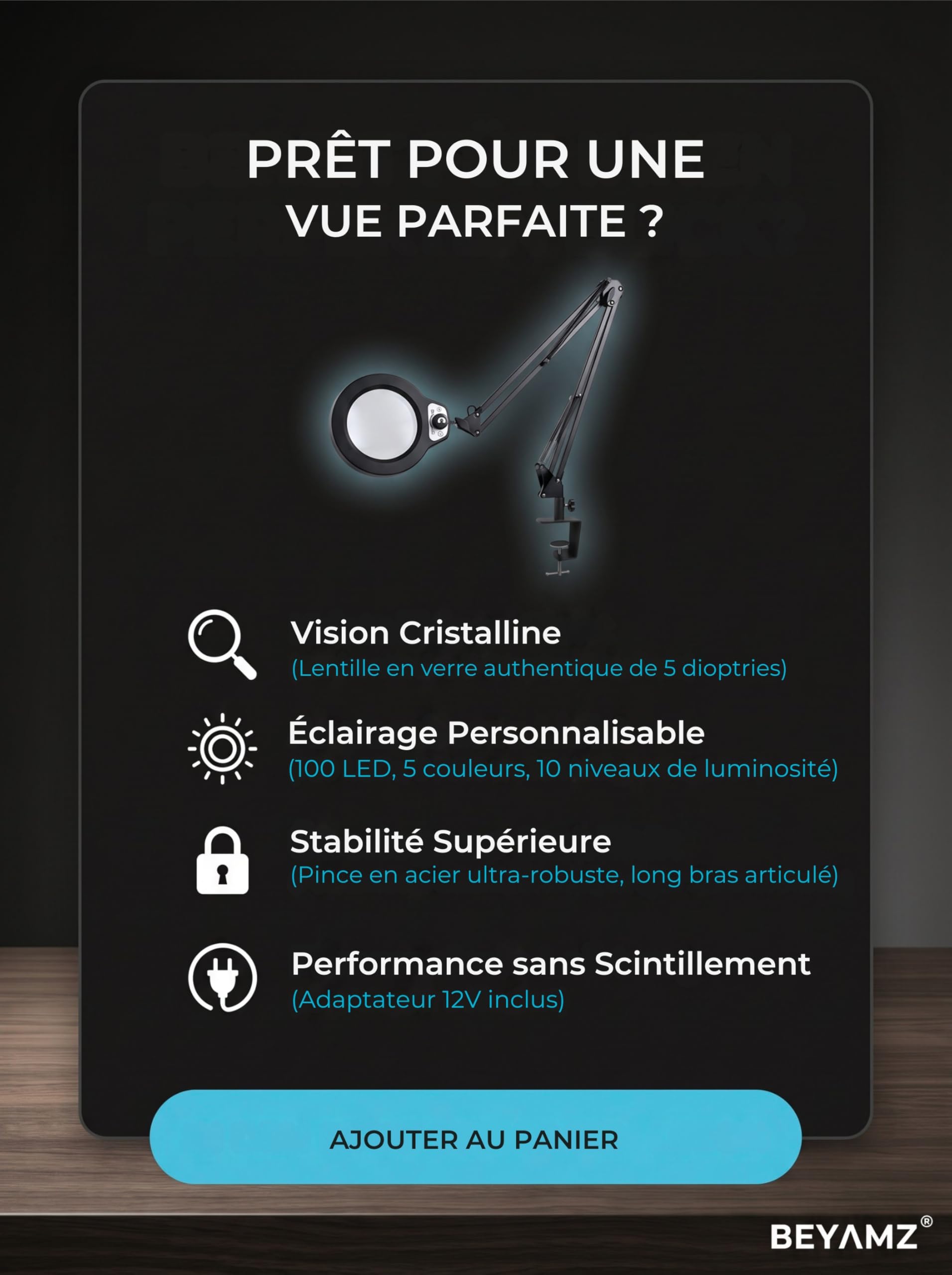 Lampe Loupe LED avec Pince, Grande Lentille Verre 5D