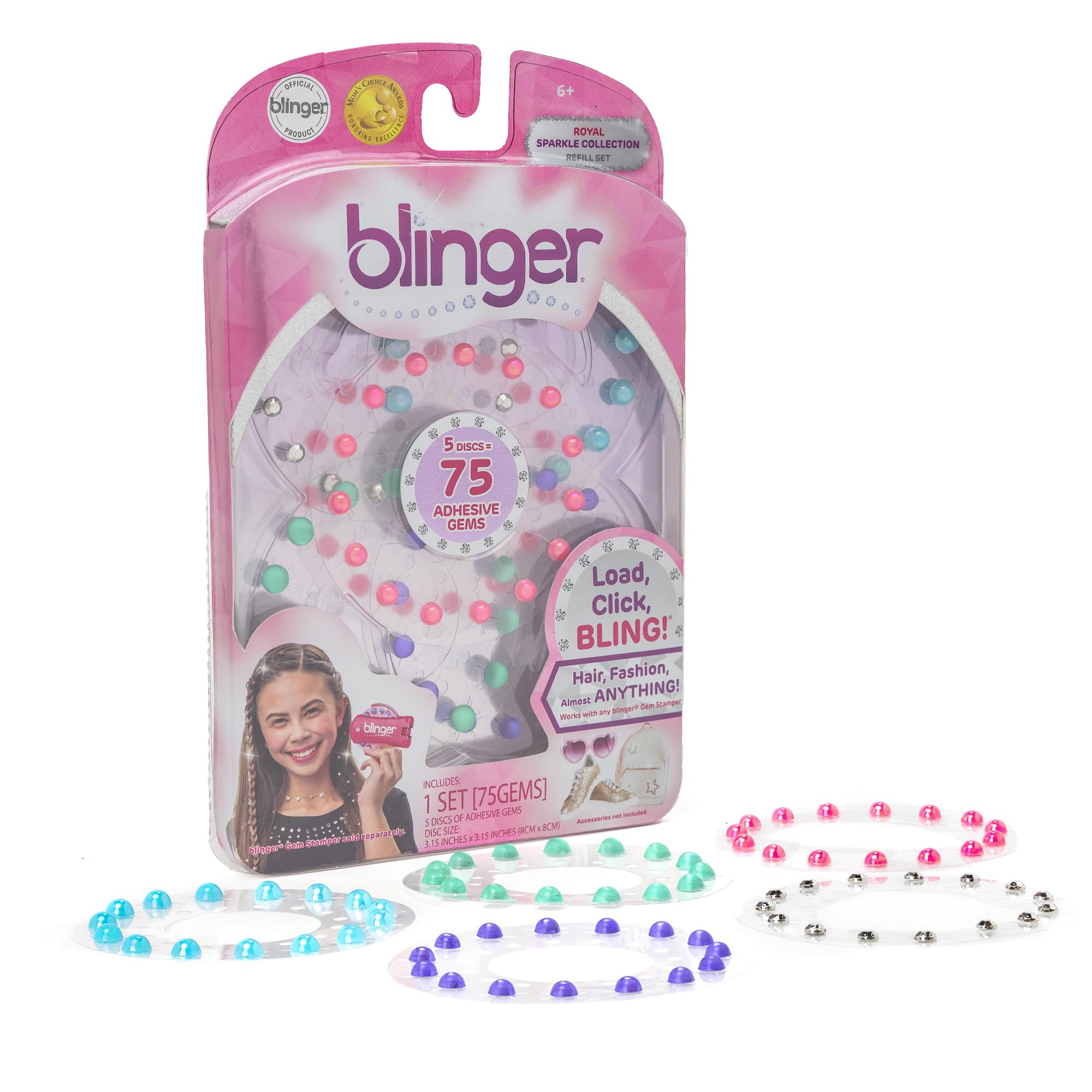 blinger Sparkle Collection Refill Pack - Hair gems - Royal - 5 Discs – 75 Rhinestones - Works with blinger Gem Stamper (not included) - Multicolored - Bling In, Brush Out