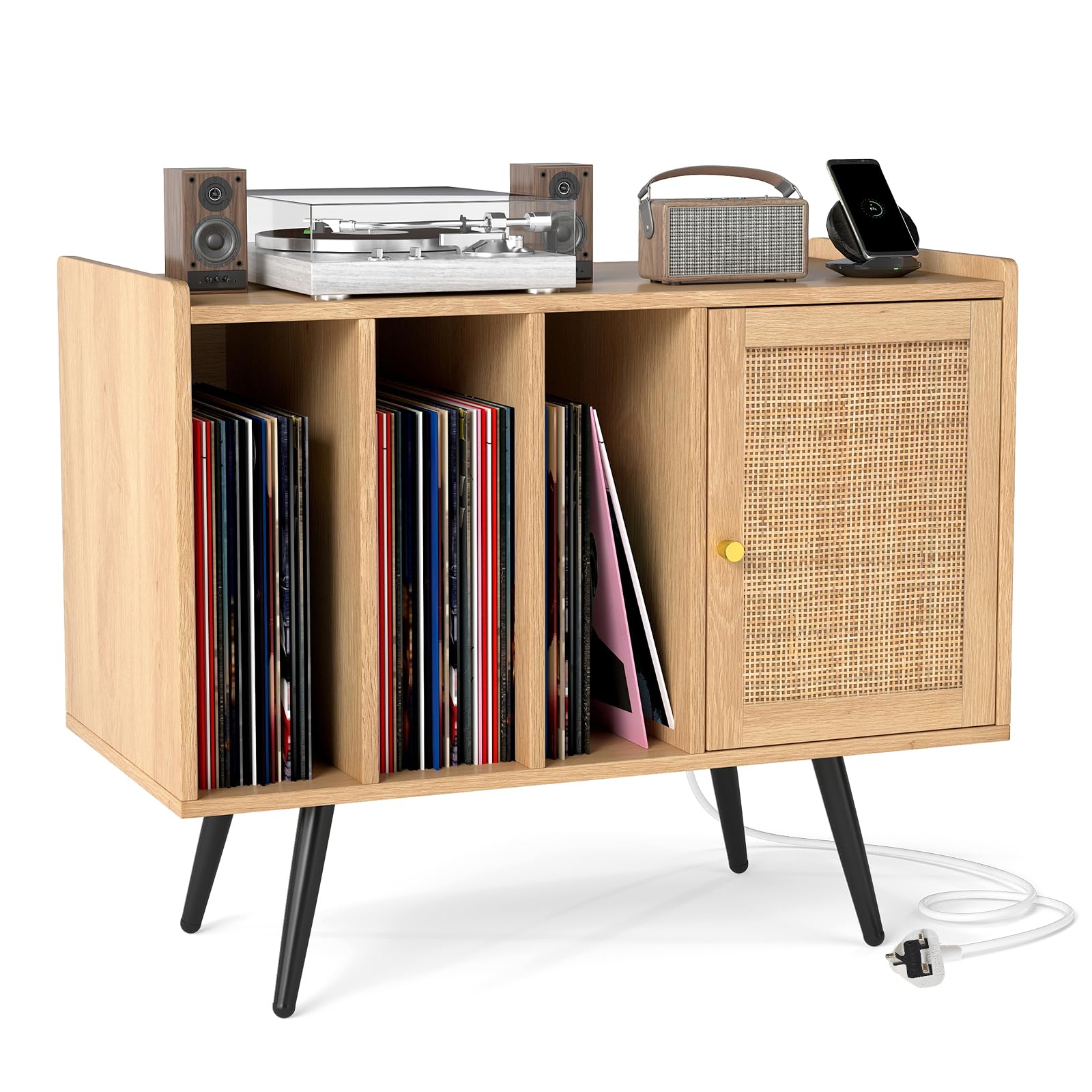 COSTWAY Record Player Stand with Charging Station, Turntable Stand End Side Table with Rattan Door & Shelves for 220 Albums, Metal Legs Vinyl Record Storage Cabinet Holder for Living Room Bedroom