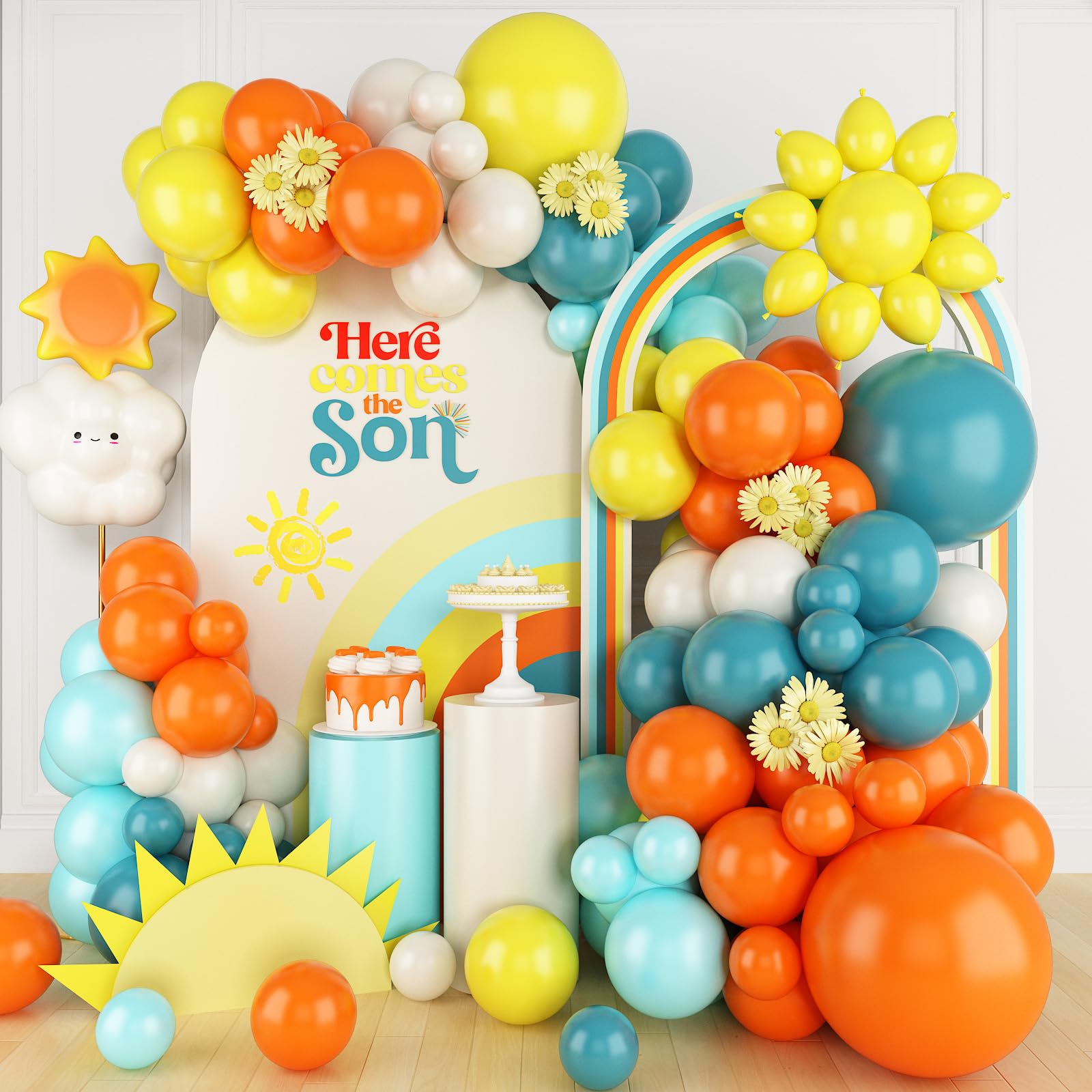 Here Come The Son Balloon Arch, Blue Yellow and Orange Balloon Garland Kit with Dusty Blue Teal Sand White Latex Balloons For Boho Sun Boy Birthday Here Come The Son Baby Shower Decorations