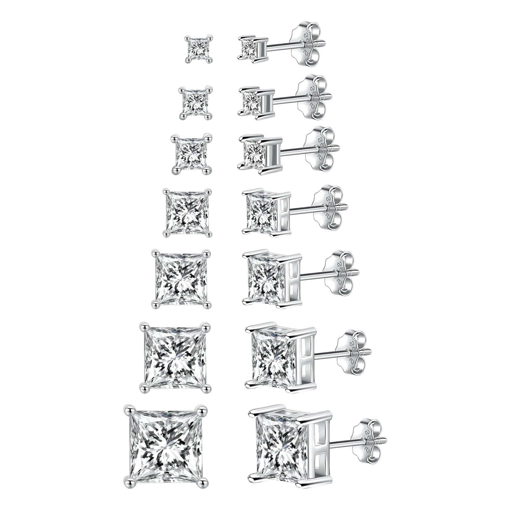 Fcebsty7 Pairs Silver Stud Earrings Set for Women-Hypoallergenic Cubic Zirconia Earrings Sterling Silver Earrings Square Cut Clear Cubic Zirconia Stud Earring Pack of 2-8mm