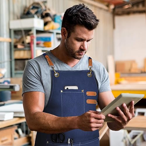 Miniatura 5 de Delantal de Chef para Hombres y Mujeres de Lona con 3 Bolsillos, Delantal Resistente de Trabajo con Espalda Cruzada para Cocinar