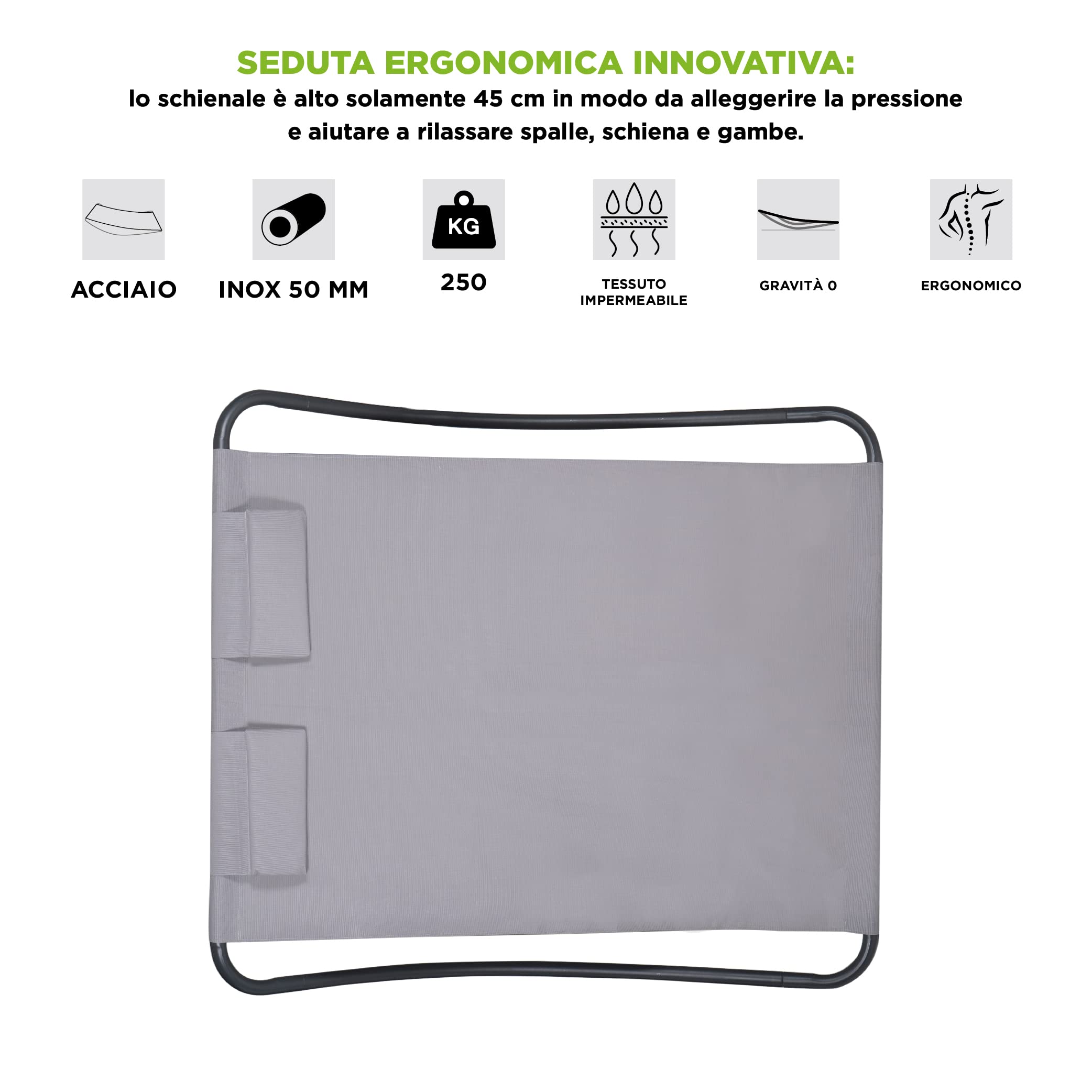 Hortan Lettino Matrimoniale Prendisole con Seduta Ergonomica In Tessuto Textilene, Cuscino Poggiatesta e Struttura A Dondolo In Acciaio Per Arredo Esterno, Giardino, Piscina e Terrazzo