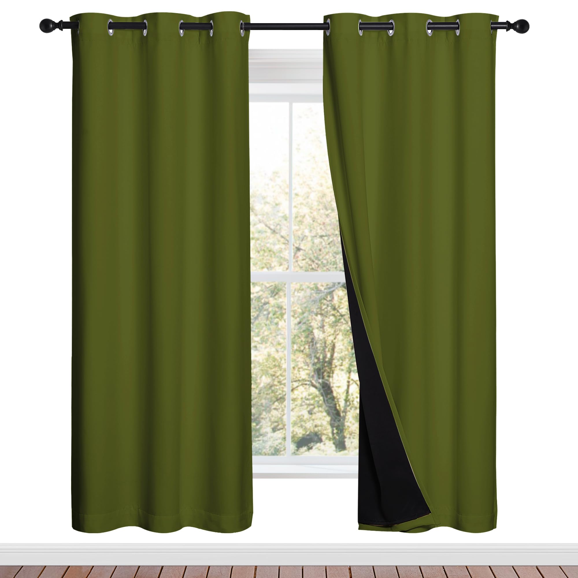 NICETOWN Olive Green Full Shade Curtain Panels, 37" Wide x 70" Long, Olive Green, Pair of Thermal Insulated &amp; Energy Efficiency Blackout Drapes for Living Room, Lined Silky Performance Window Dressing