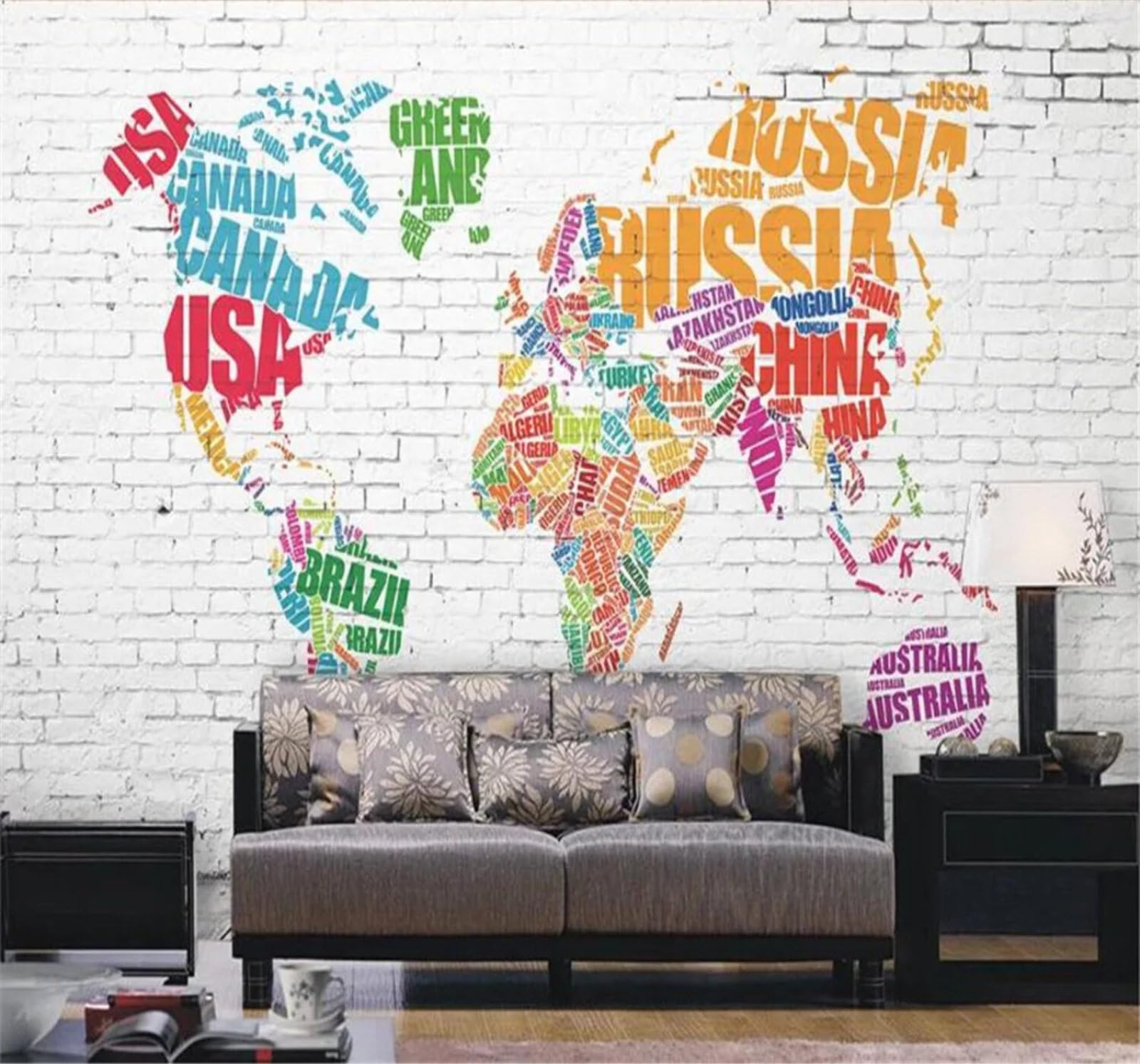 Tzxztt 400Cm×280Cm(B×H) Minimalist Brick Wall Graffiti Colourful World Map Modern 3D Wallpaper Premium Textured Silk Neutral Tones Material Ideal For Living Room Bedroom-400Cm×280Cm