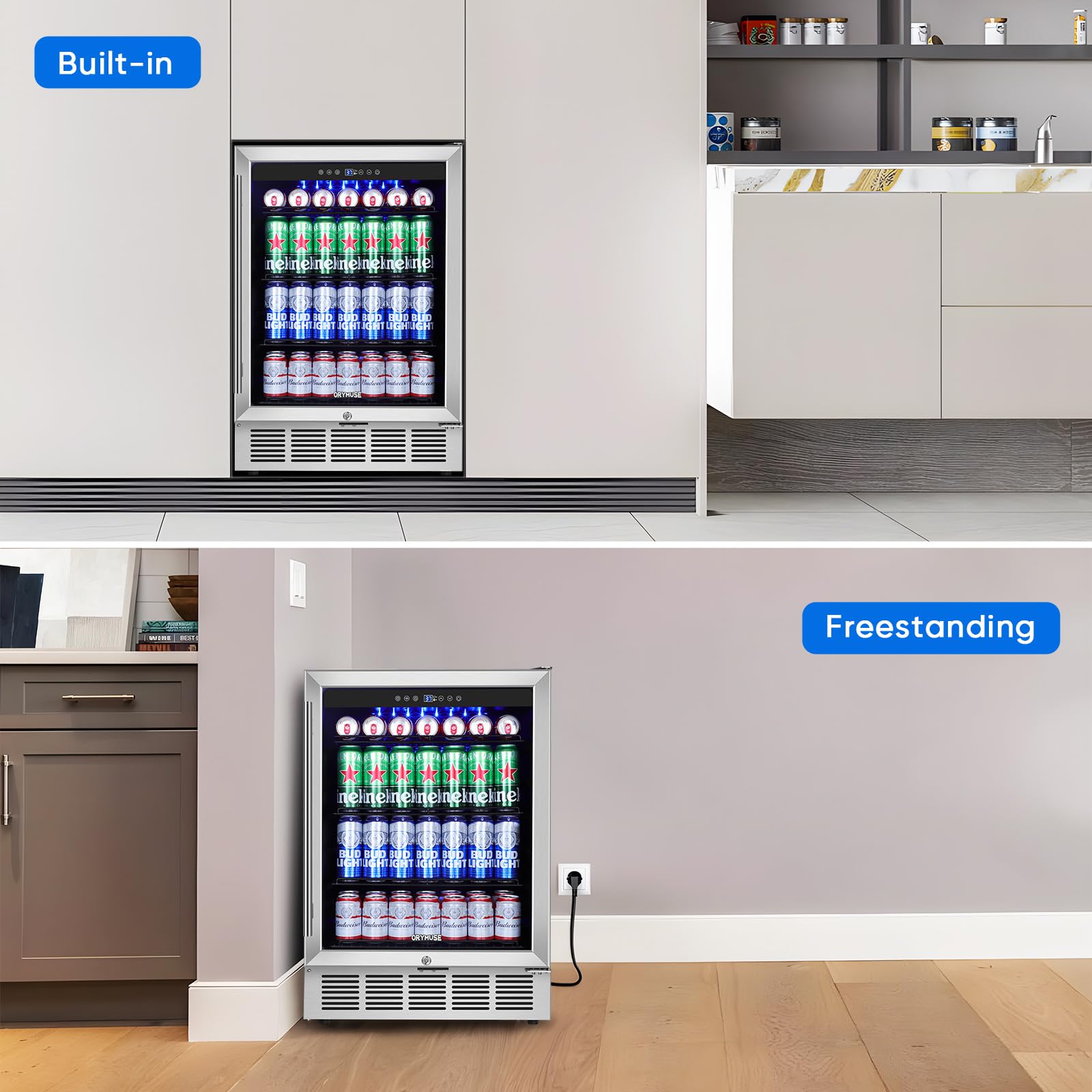 Orymuse 24" Beverage Refrigerator, 180 Can Under Counter Drink Cooler With Glass Door & Lock, Built-In Or Freestanding Mini Fridge With Quiet Compressor Cooling For Beer, Soda & Wine on Fridge.com - View 5