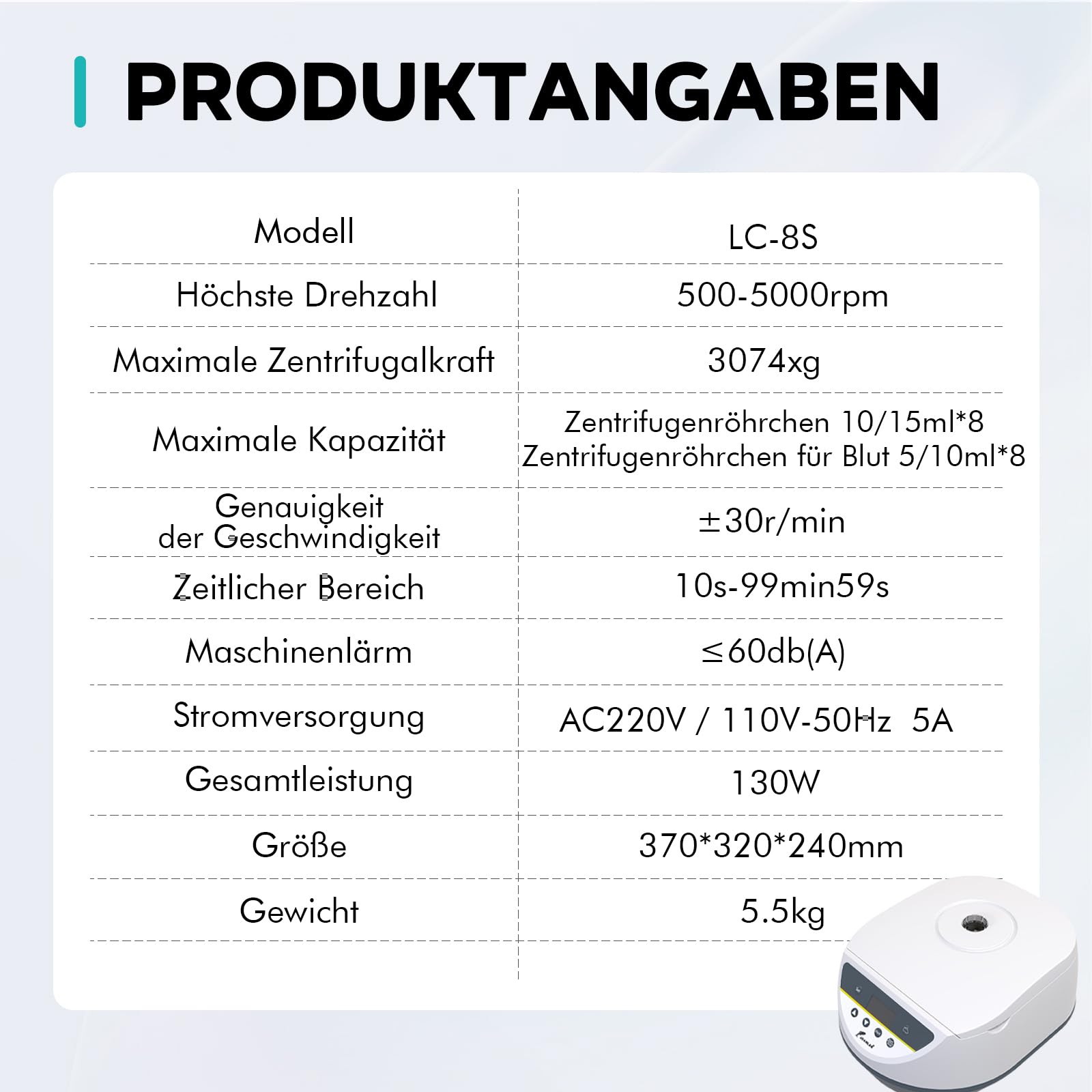 LAB FISH Labor Zentrifuge für 2ml 5ml 10ml 15ml Röhrchen, 500-5000 U/min Niedrigtourig, Max. 3074xg, 8-fach Rotor, Ideal für PRP/PRF