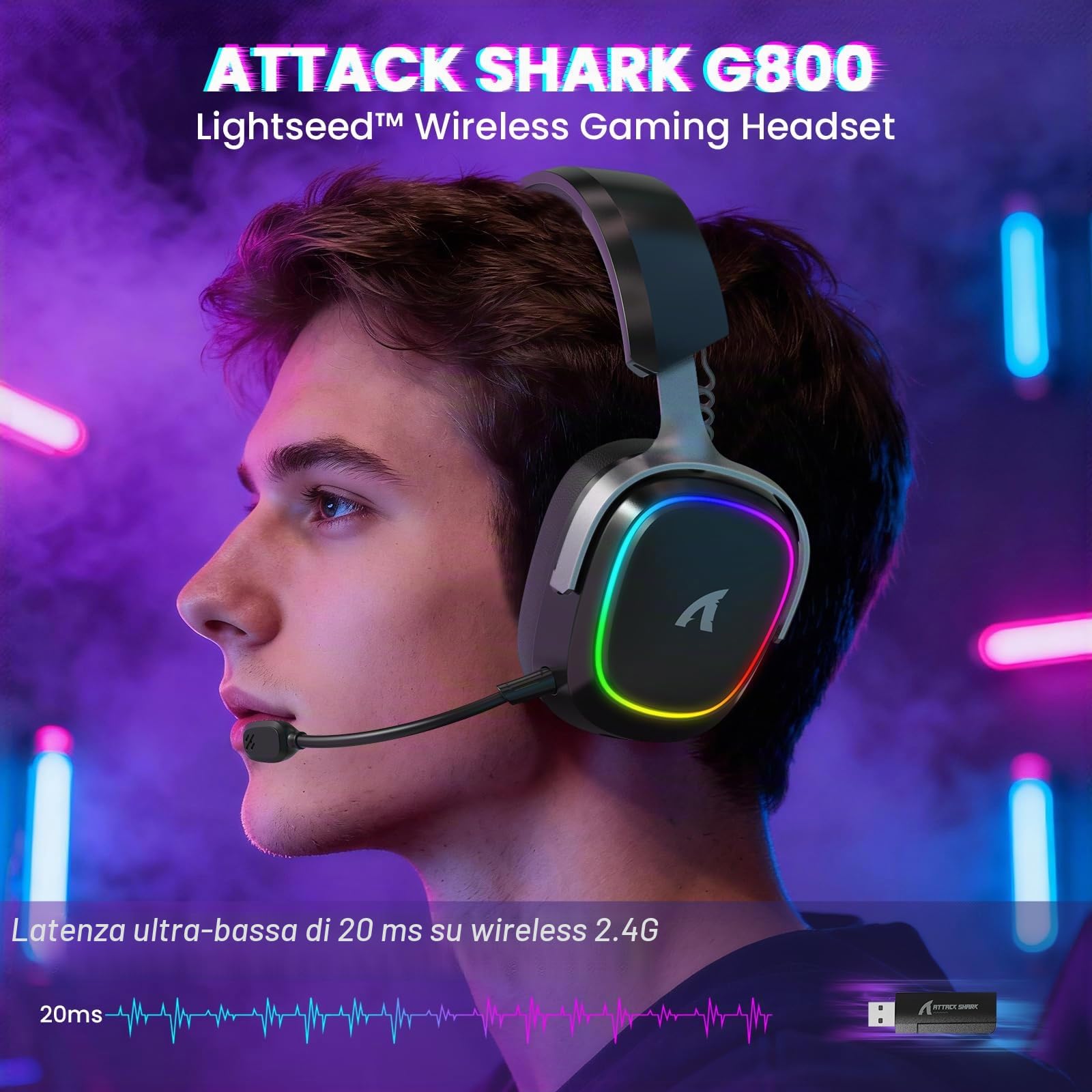 ATTACK SHARK G800 Cuffie Gaming Wireless, Batteria 1000 mAh, Microfono Rimovibile, Telaio in Alluminio, Audio Surround 3D, Latenza 20 ms, Driver 50 mm, 3 Modalità 2.4G/Bluetooth/Cablata